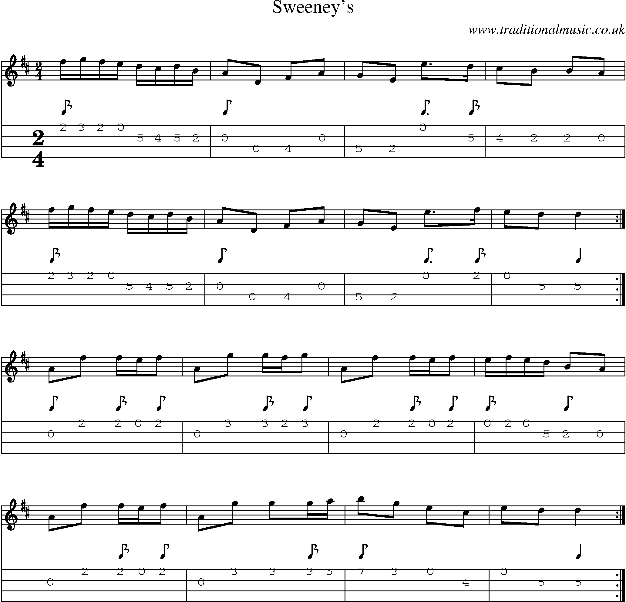 Music Score and Mandolin Tabs for Sweeneys