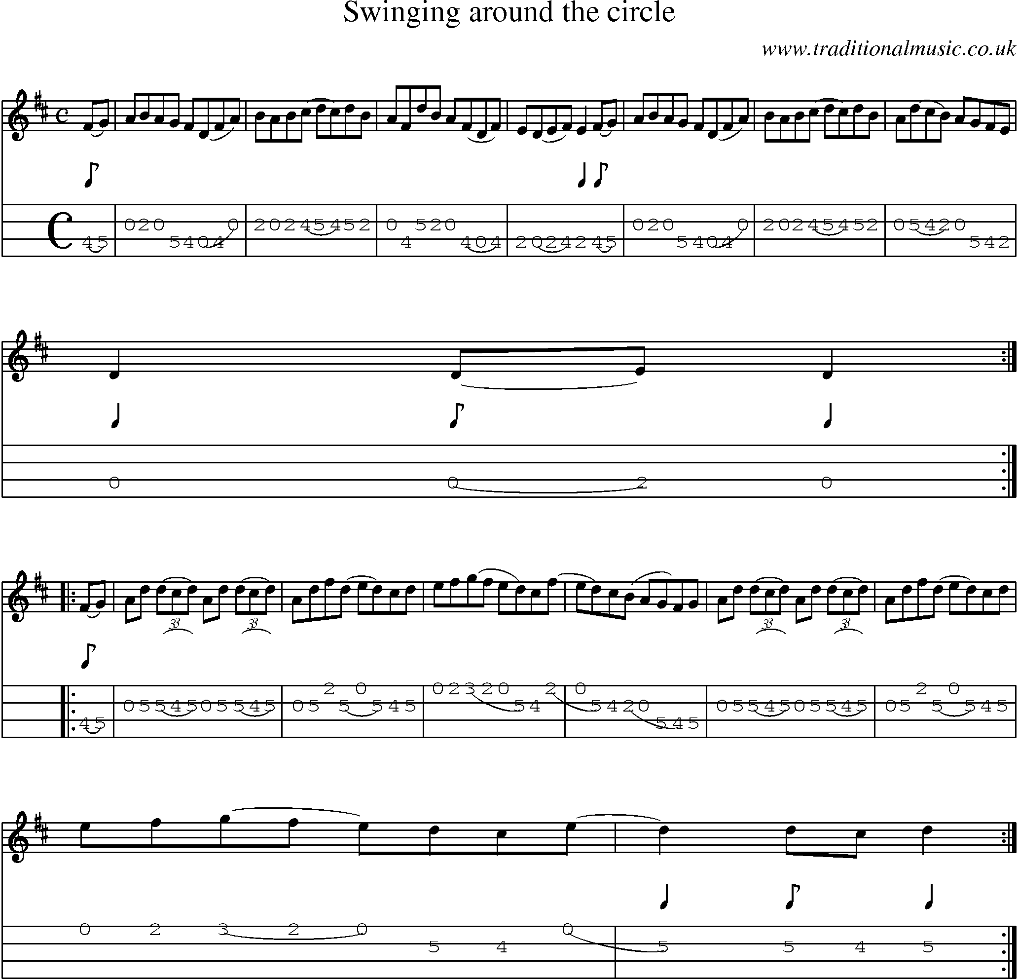 Music Score and Mandolin Tabs for Swinging Around The Circle
