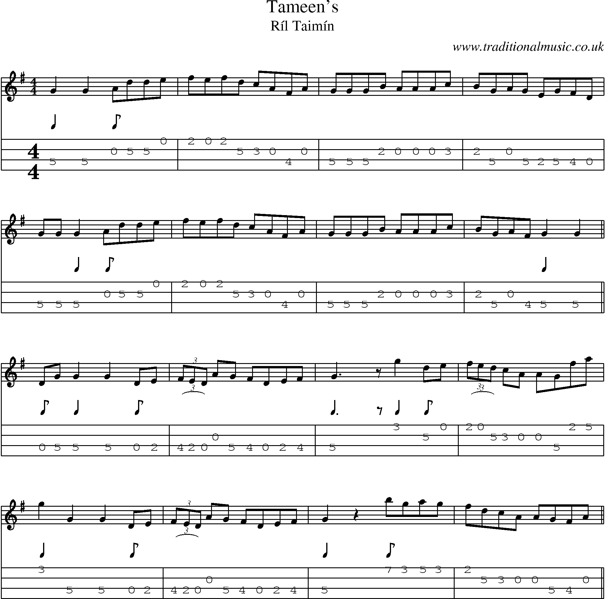 Music Score and Mandolin Tabs for Tameens
