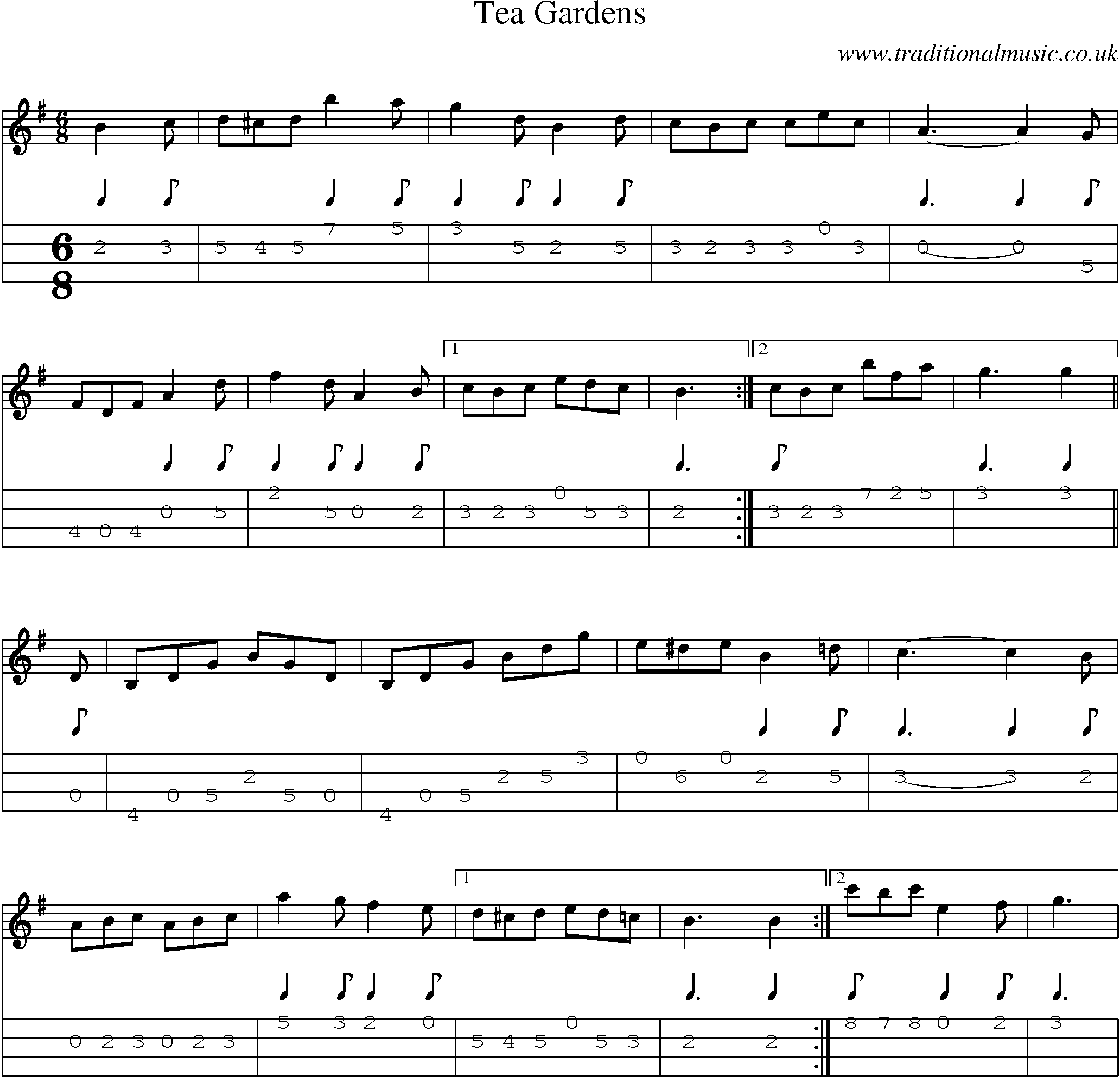 Music Score and Mandolin Tabs for Tea Gardens