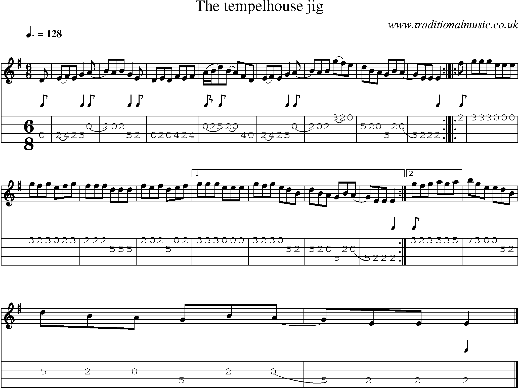 Music Score and Mandolin Tabs for Tempelhouse Jig