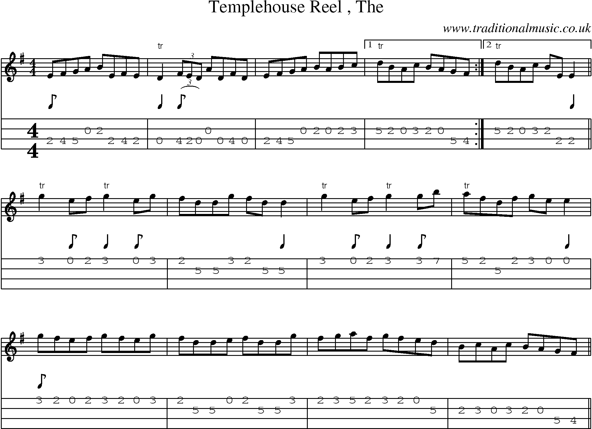 Music Score and Mandolin Tabs for Templehouse Reel