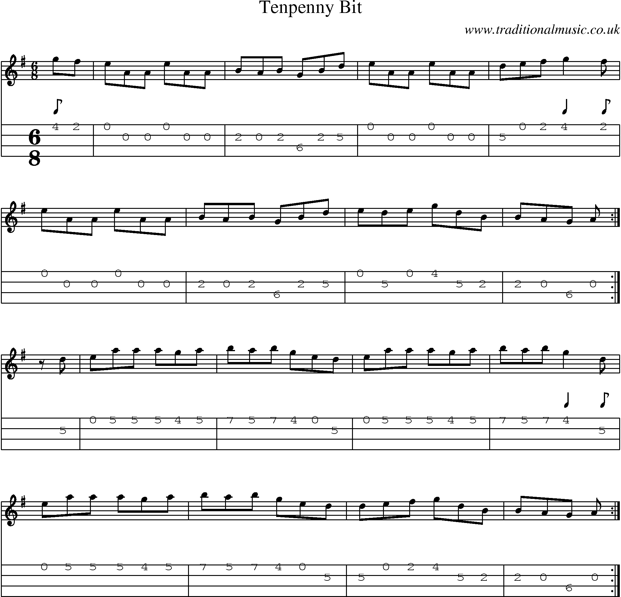 Music Score and Mandolin Tabs for Tenpenny Bit