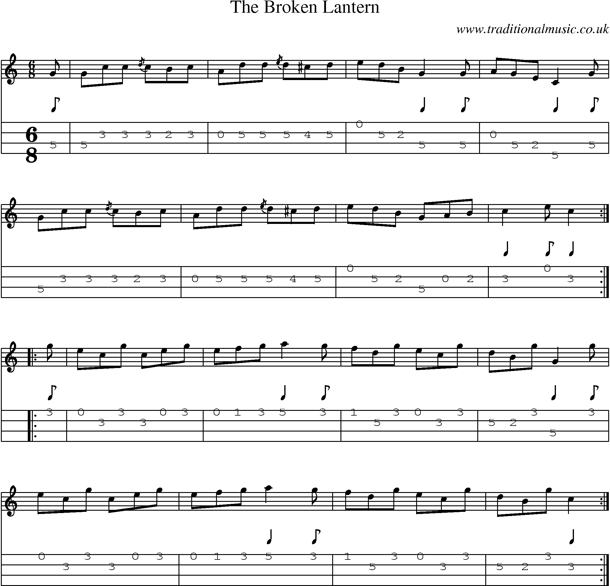Music Score and Mandolin Tabs for The Broken Lantern