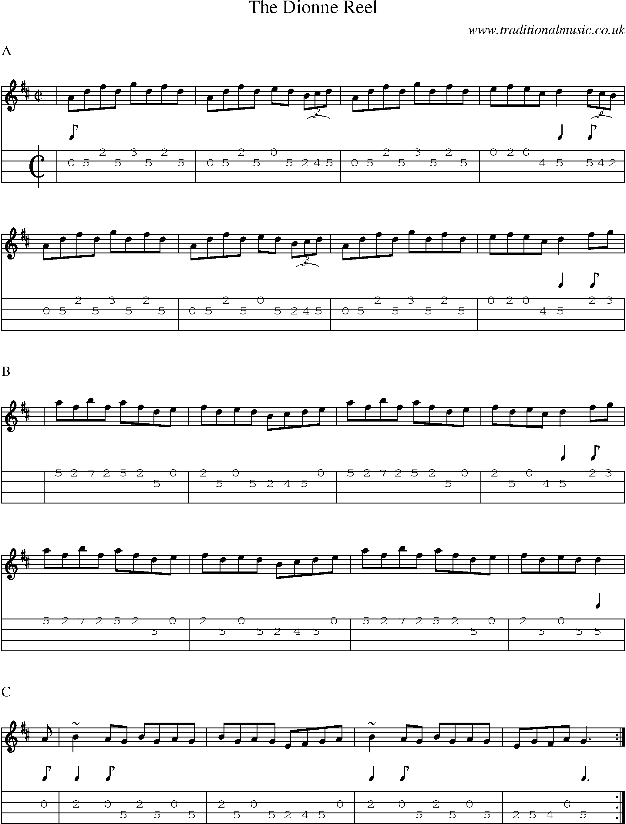 Music Score and Mandolin Tabs for The Dionne Reel