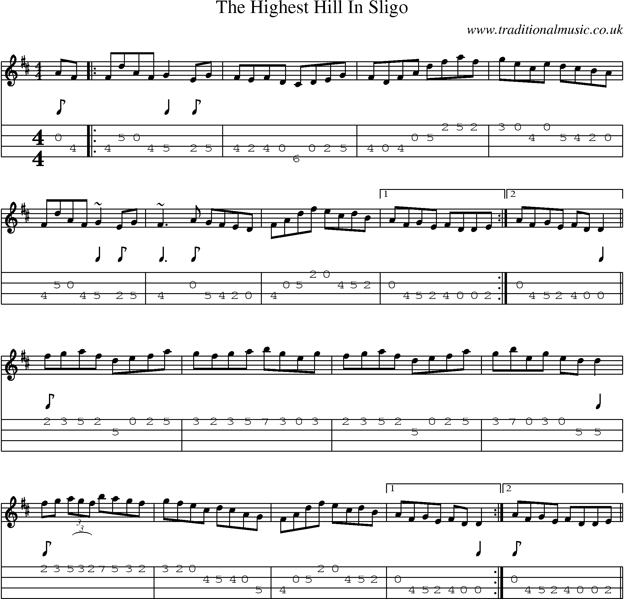 Music Score and Mandolin Tabs for The Highest Hill In Sligo