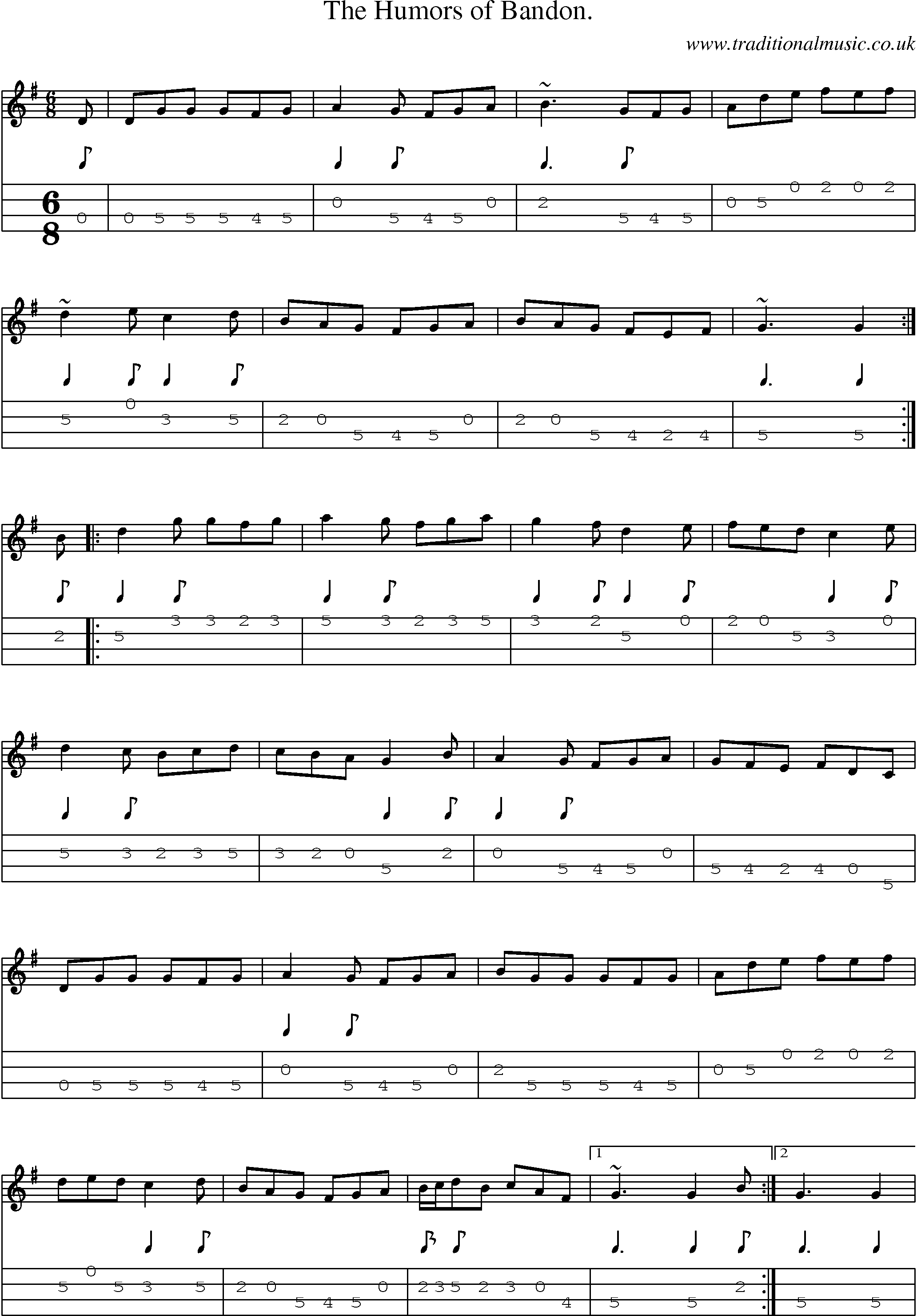 Music Score and Mandolin Tabs for The Humors Of Bandon