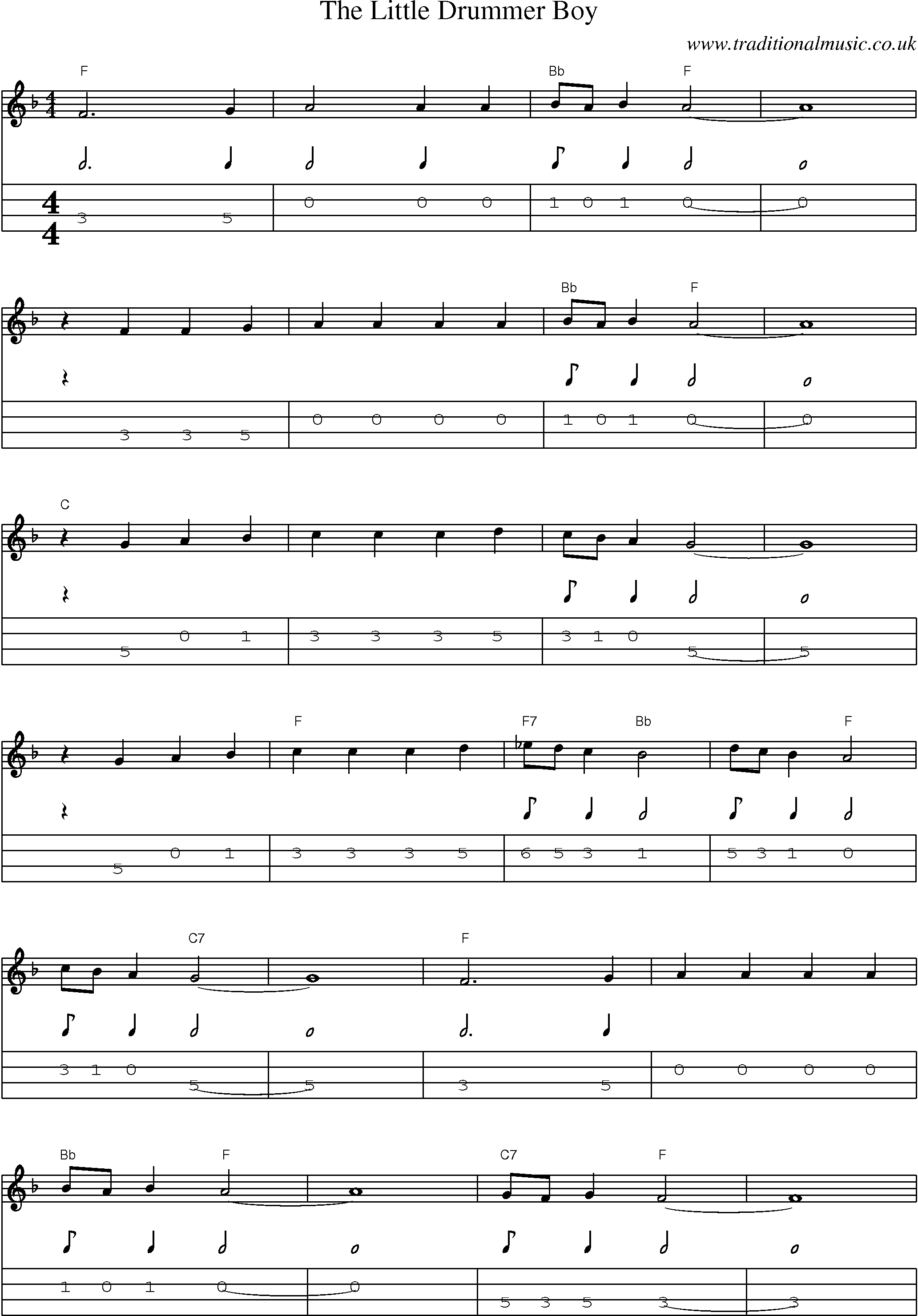 Music Score and Mandolin Tabs for The Little Drummer Boy