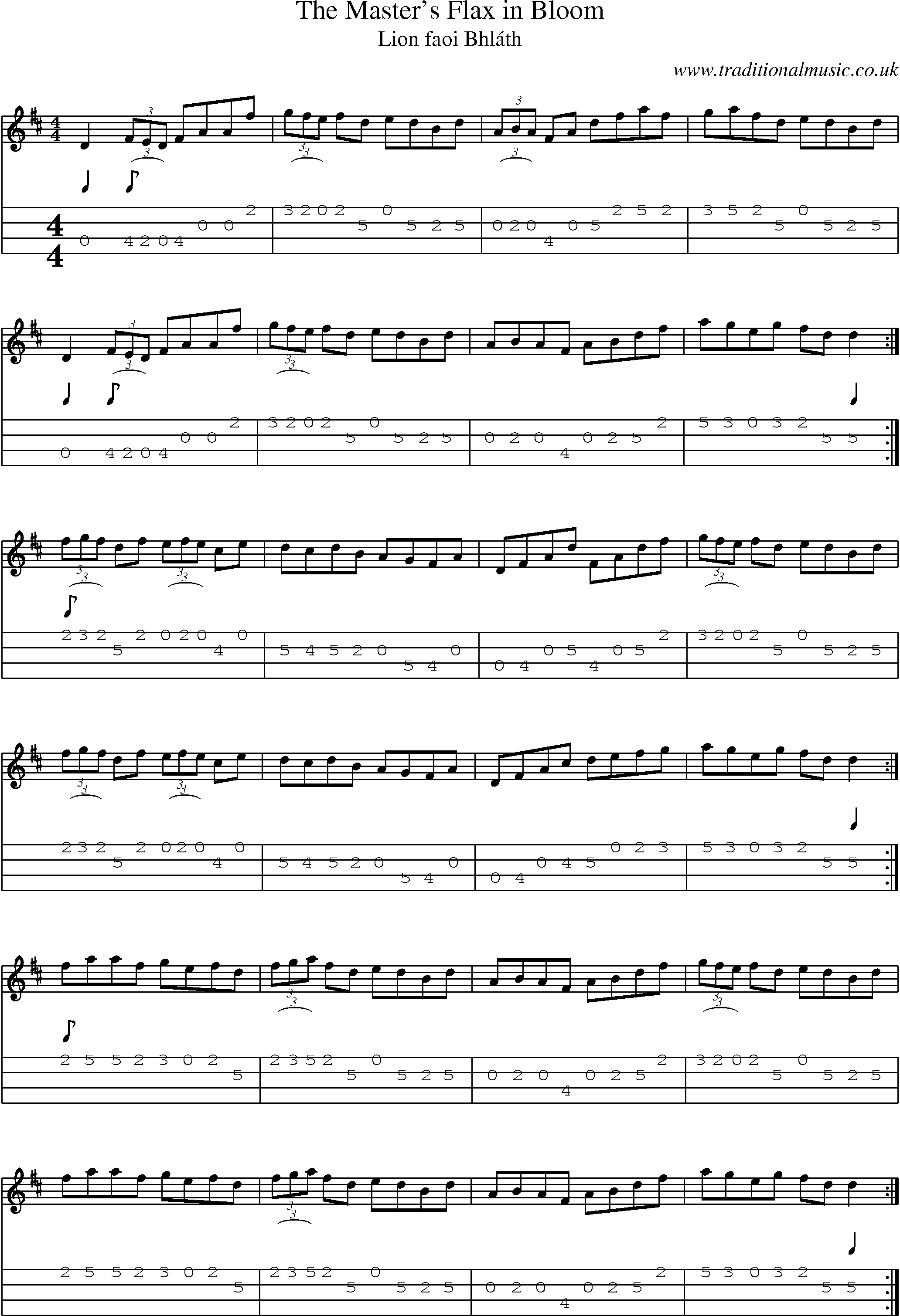 Music Score and Mandolin Tabs for The Masters Flax In Bloom