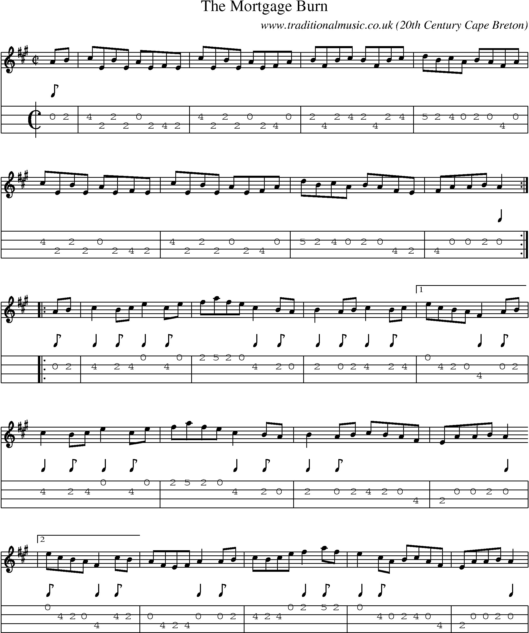 Music Score and Mandolin Tabs for The Mortgage Burn