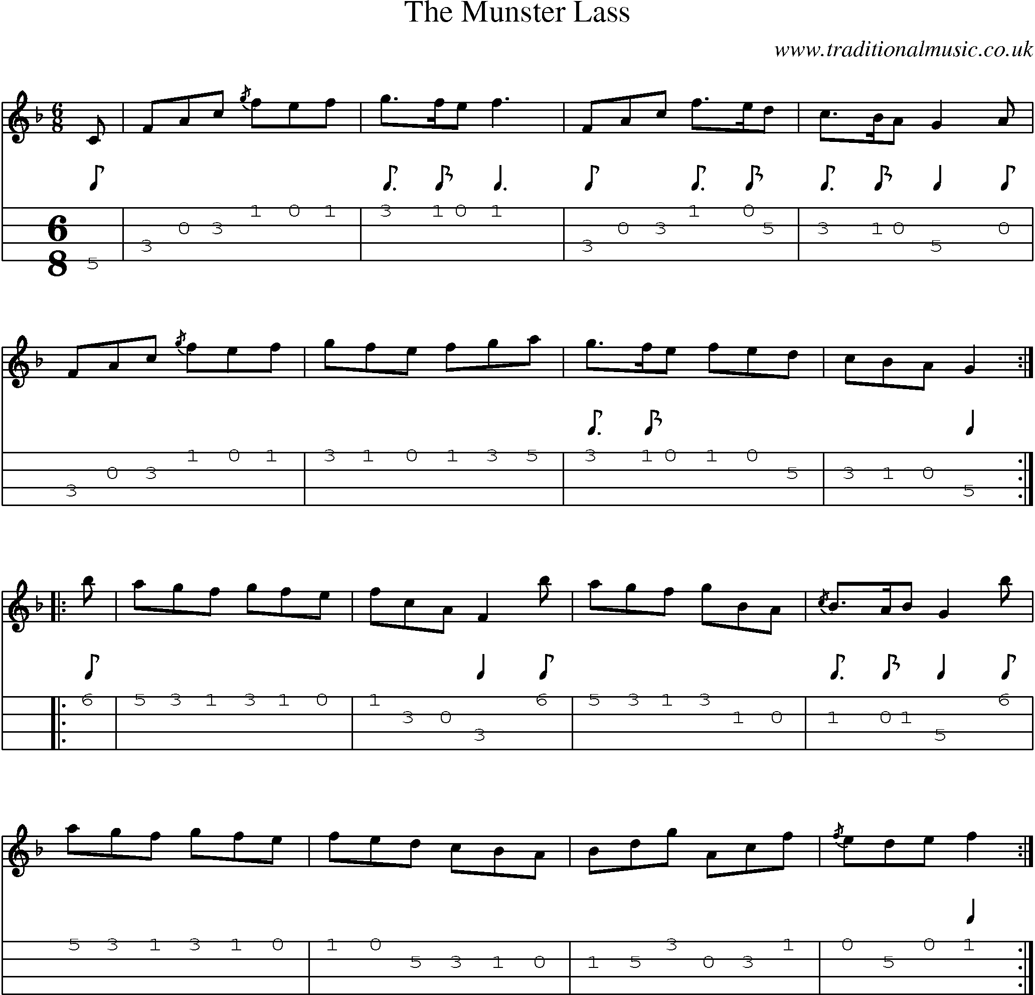 Music Score and Mandolin Tabs for The Munster Lass