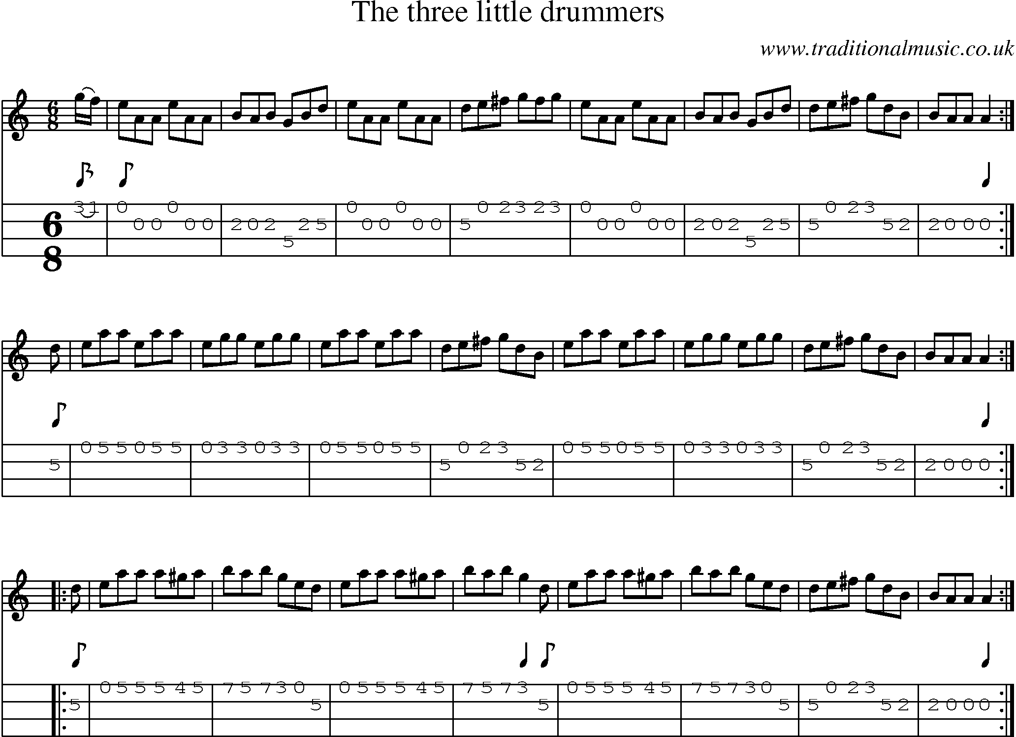 Music Score and Mandolin Tabs for Three Little Drummers