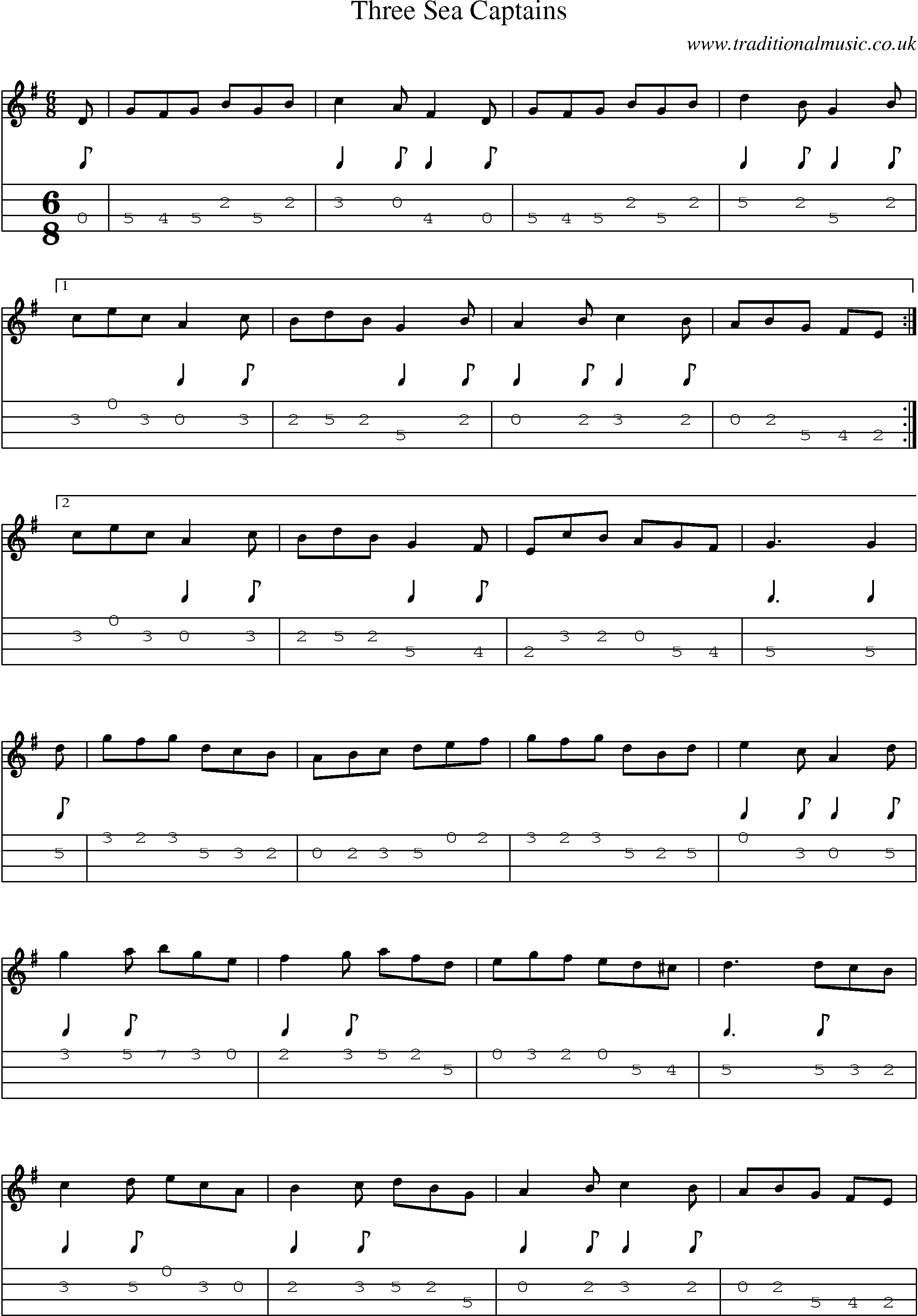 Music Score and Mandolin Tabs for Three Sea Captains