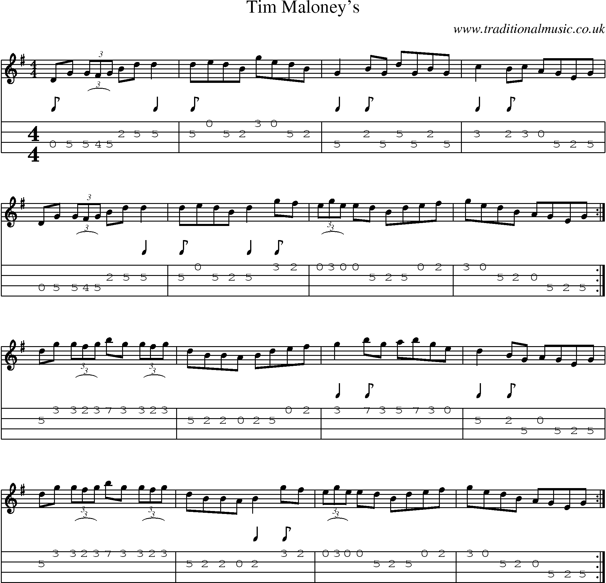 Music Score and Mandolin Tabs for Tim Maloneys
