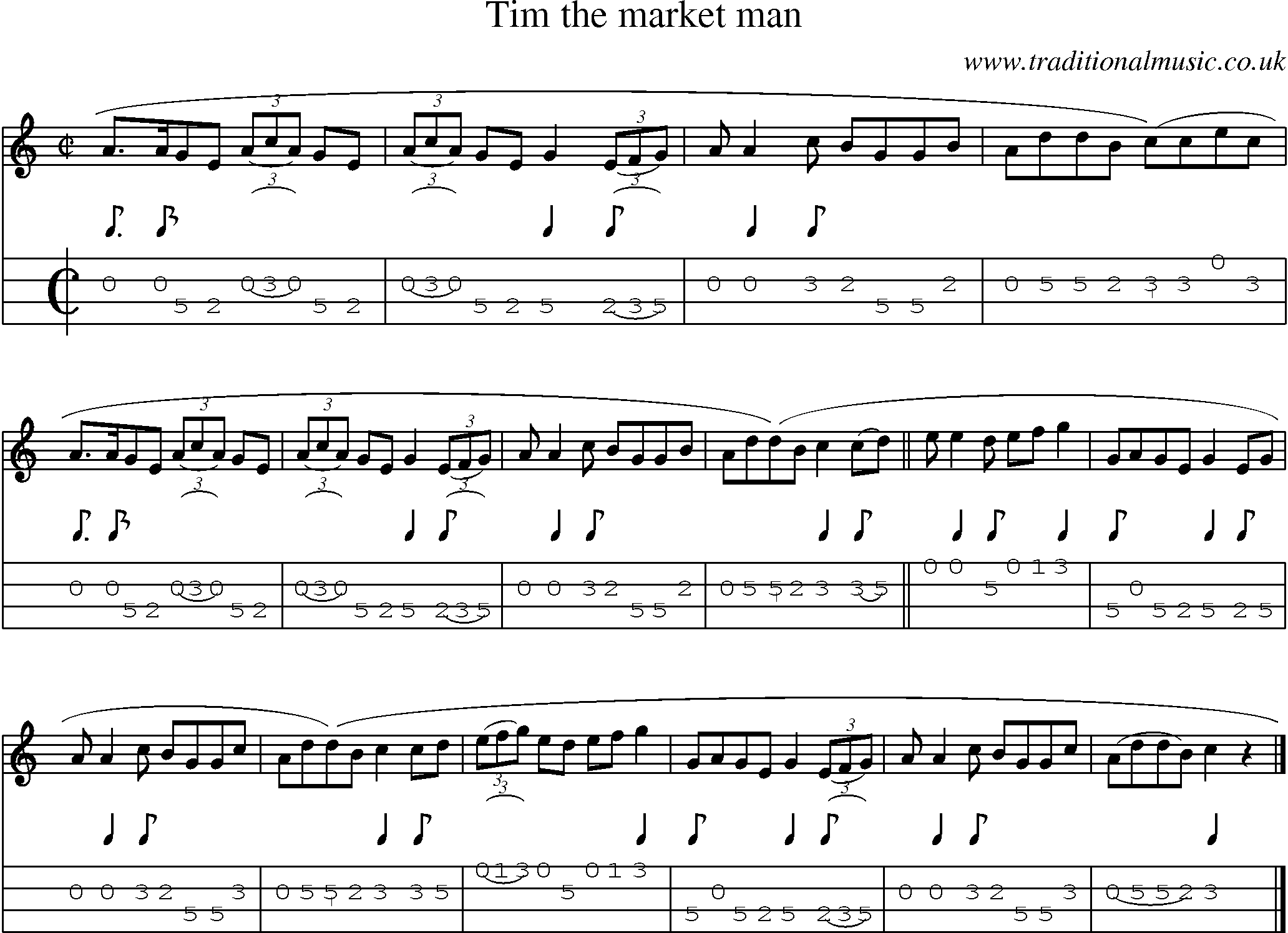 Music Score and Mandolin Tabs for Tim The Market Man