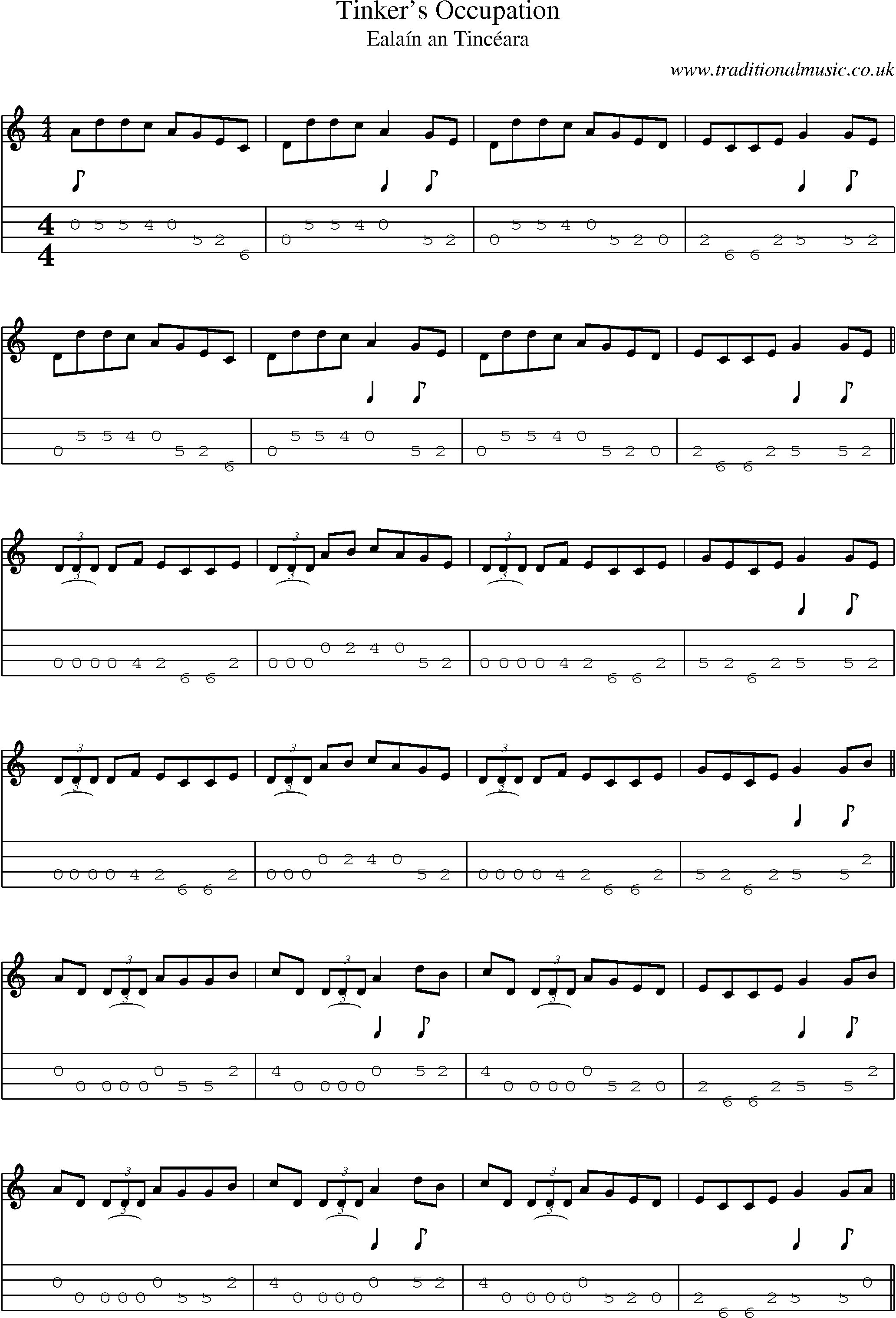 Music Score and Mandolin Tabs for Tinkers Occupation