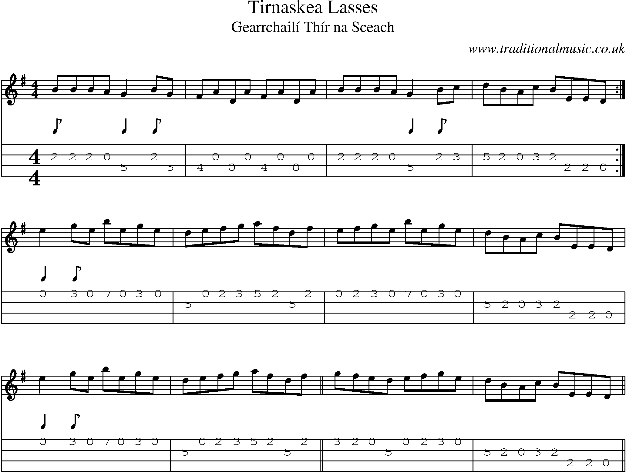 Music Score and Mandolin Tabs for Tirnaskea Lasses