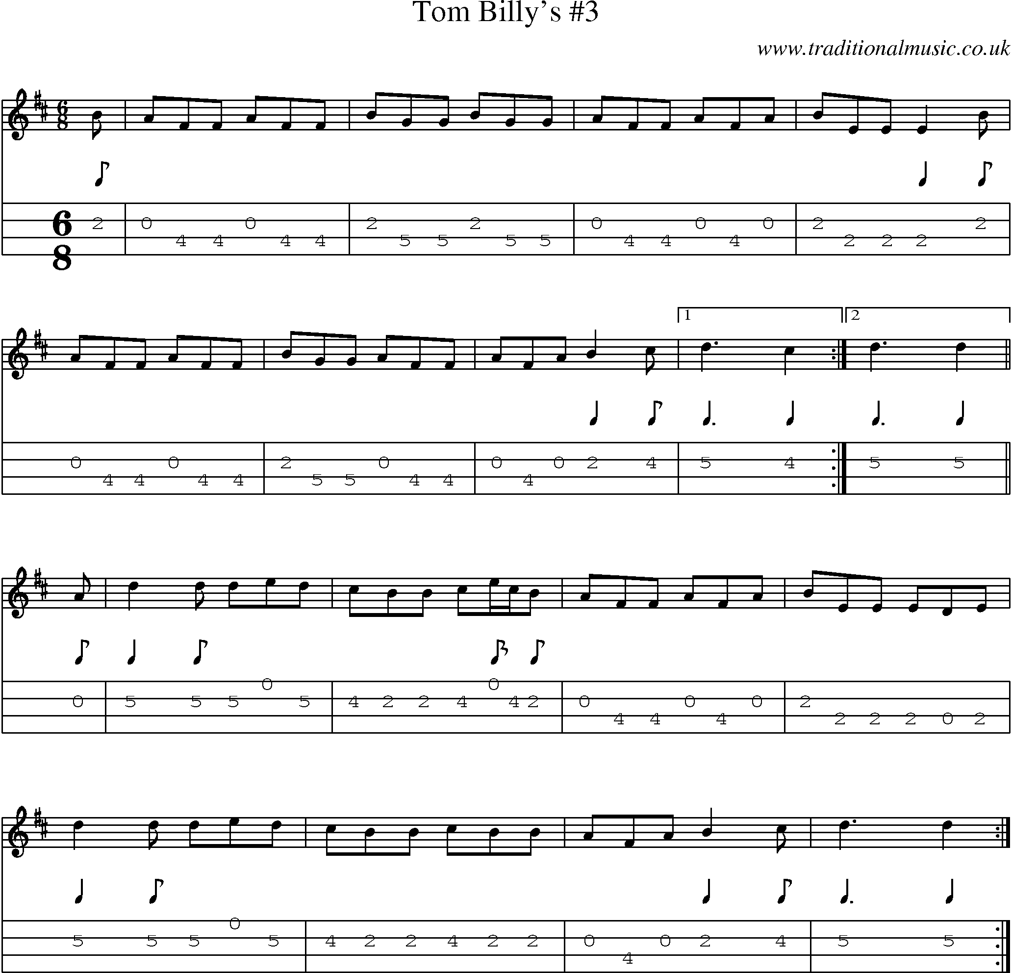 Music Score and Mandolin Tabs for Tom Billys 3