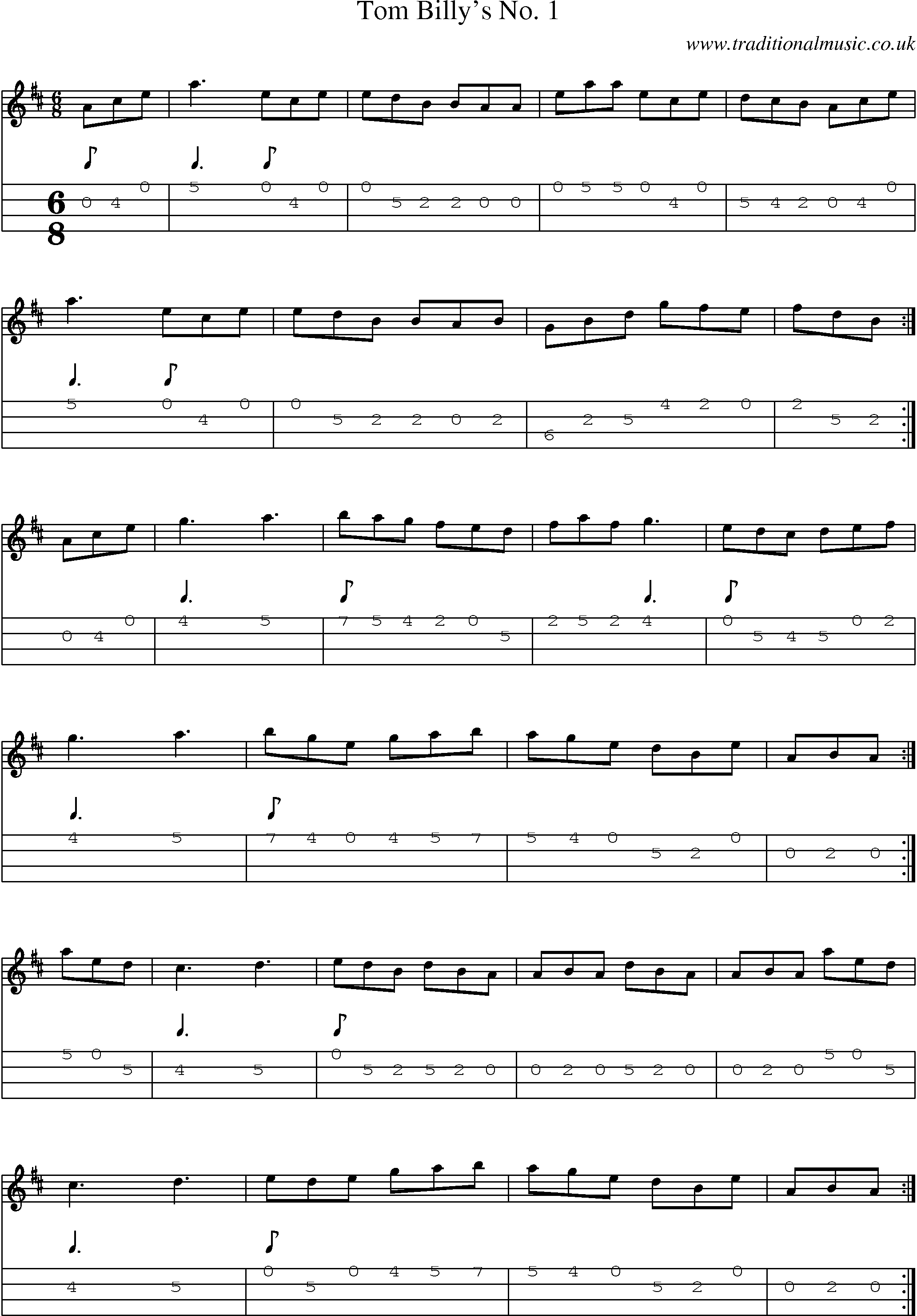 Music Score and Mandolin Tabs for Tom Billys No 1