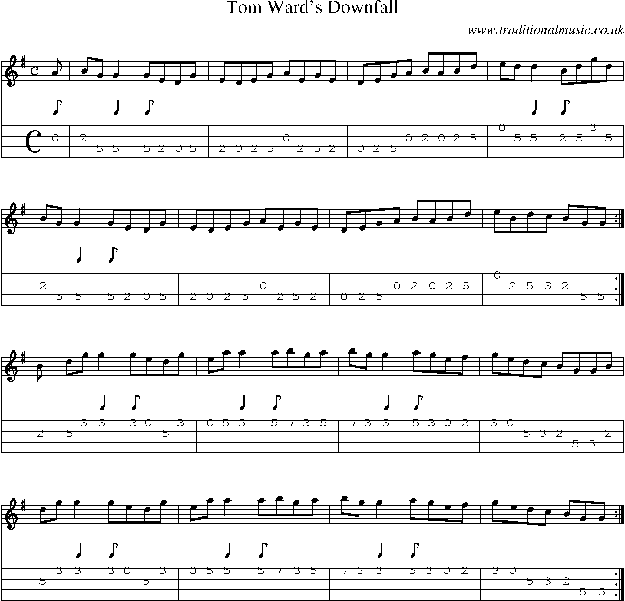 Music Score and Mandolin Tabs for Tom Wards Downfall