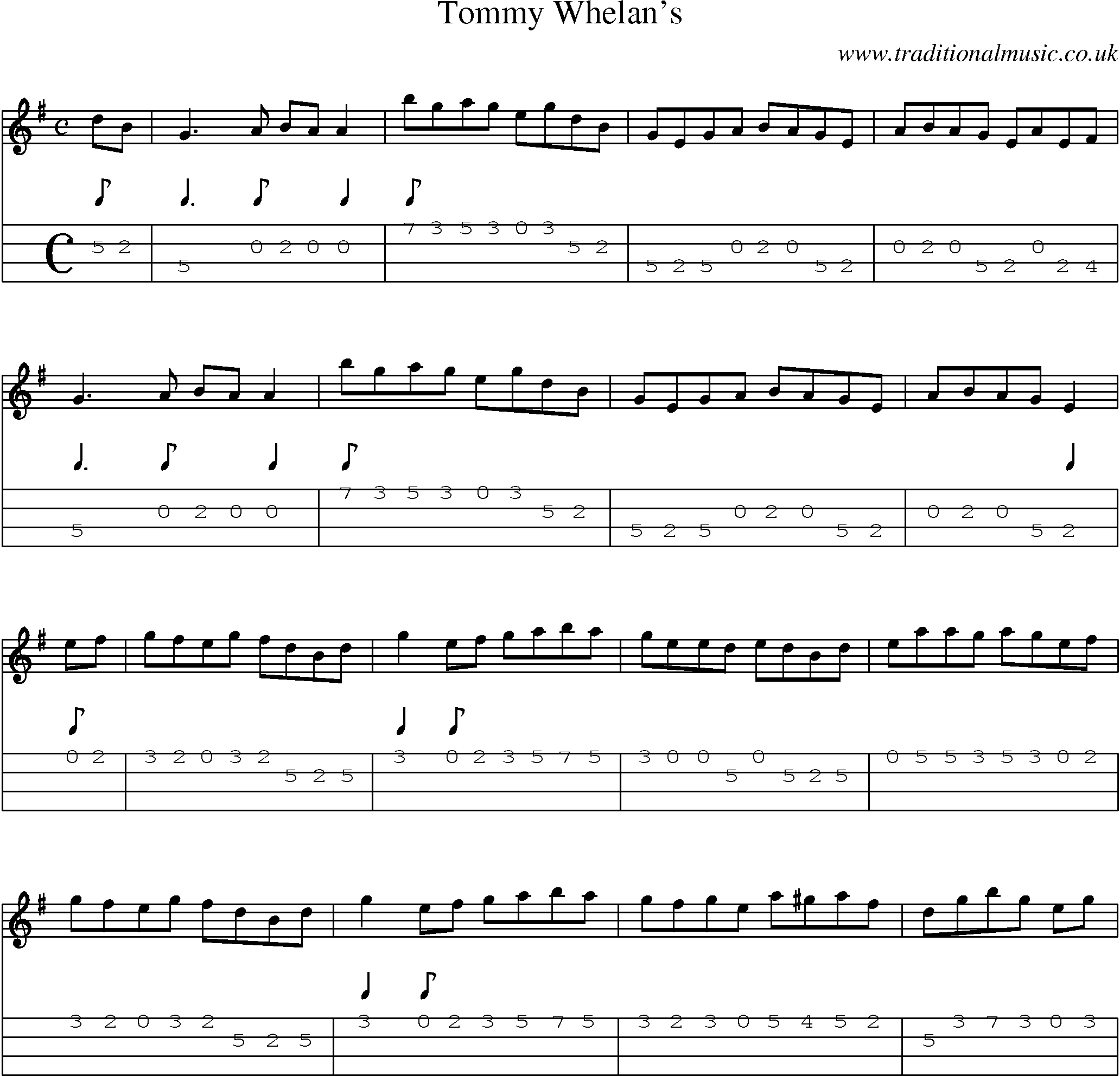 Music Score and Mandolin Tabs for Tommy Whelans