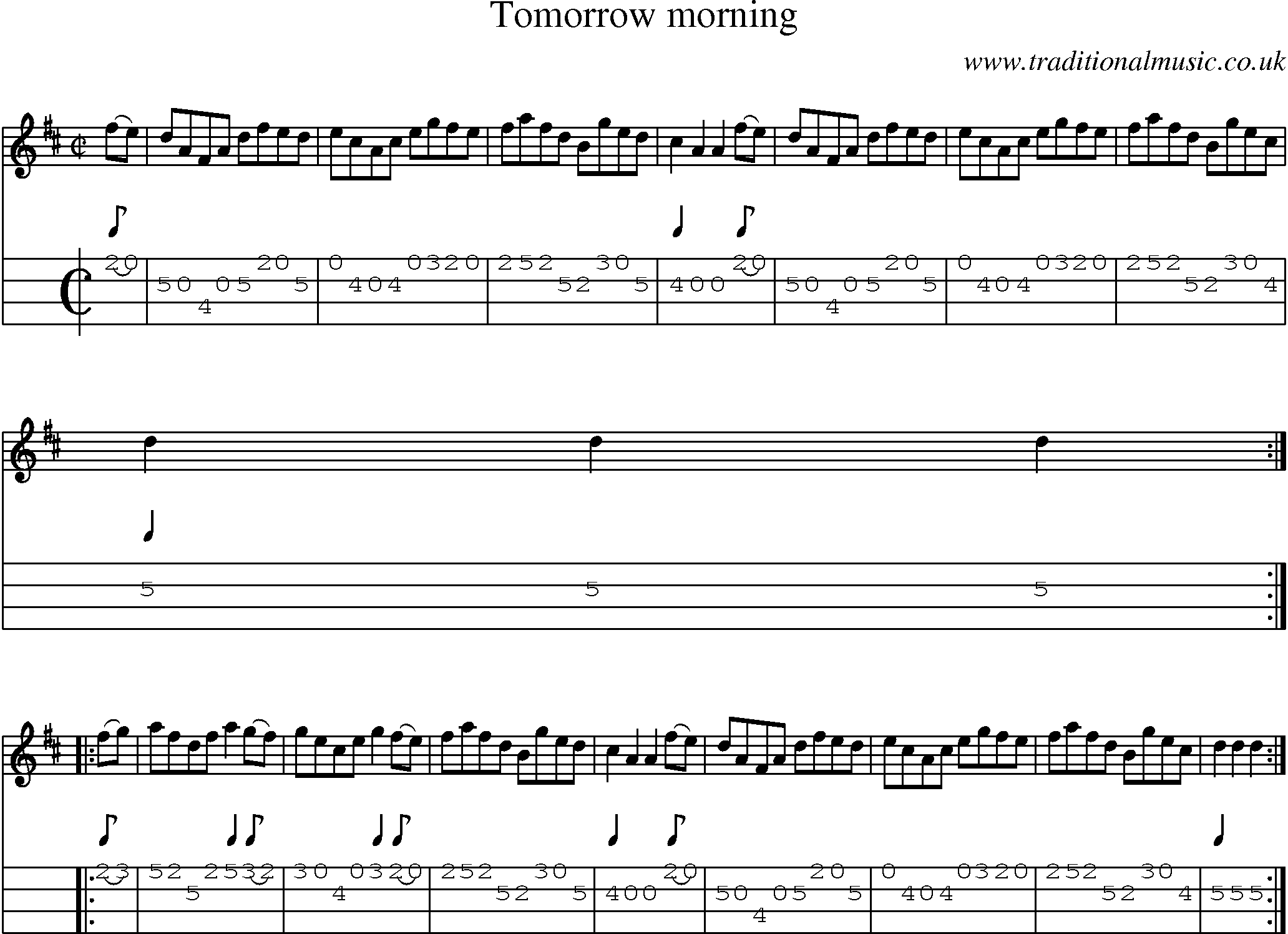 Music Score and Mandolin Tabs for Tomorrow Morning