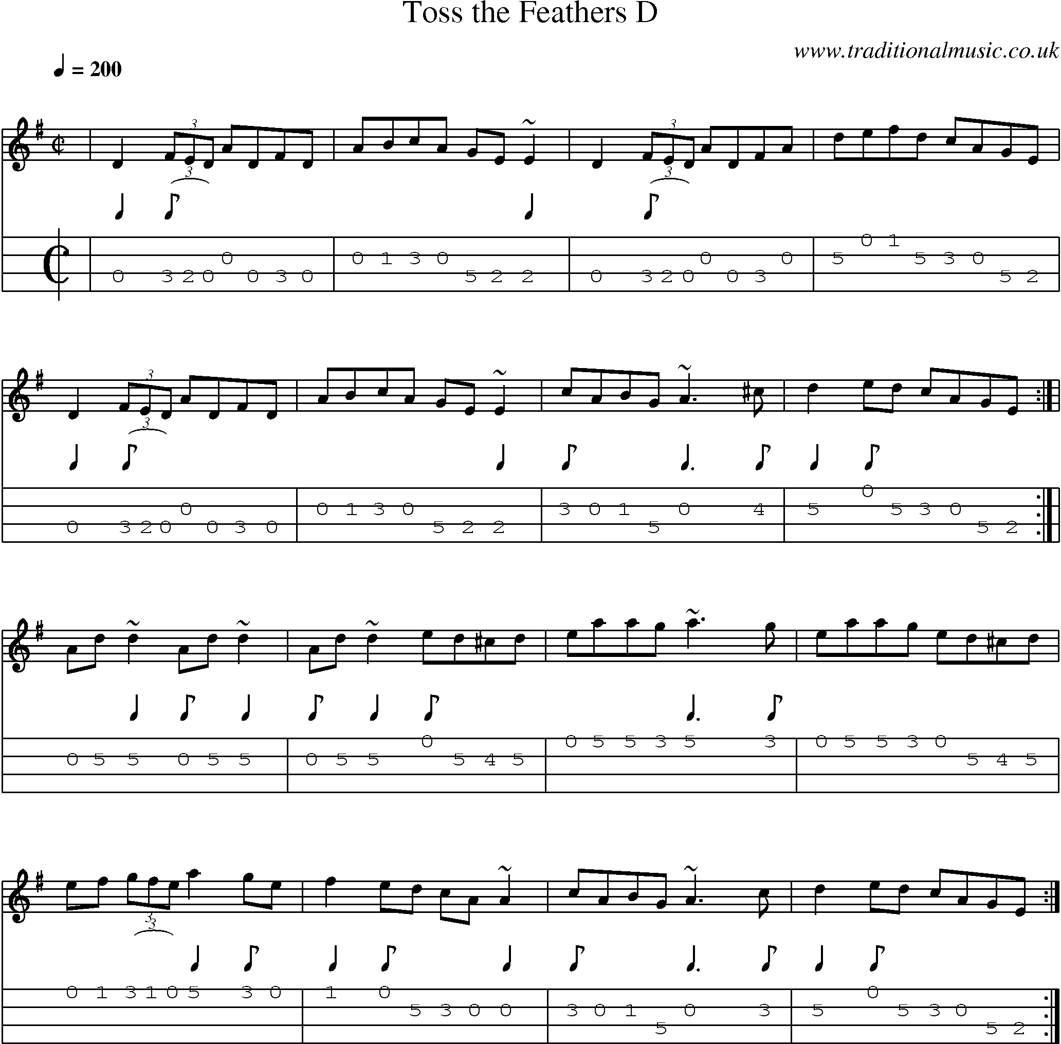 Music Score and Mandolin Tabs for Toss Feathers D