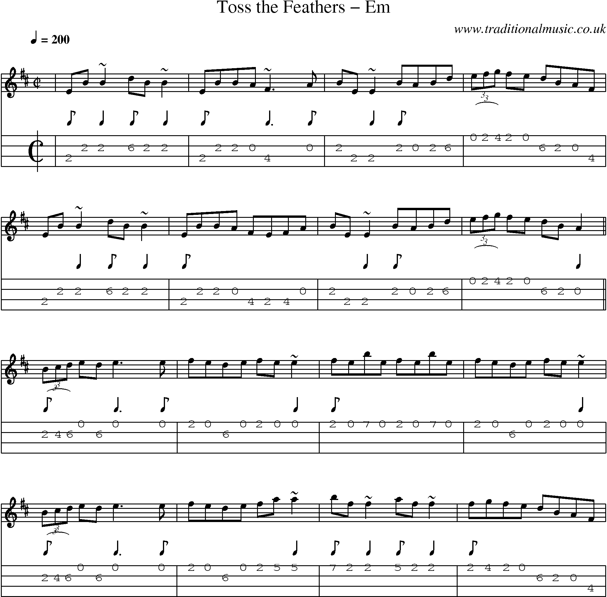 Music Score and Mandolin Tabs for Toss Feathers Em