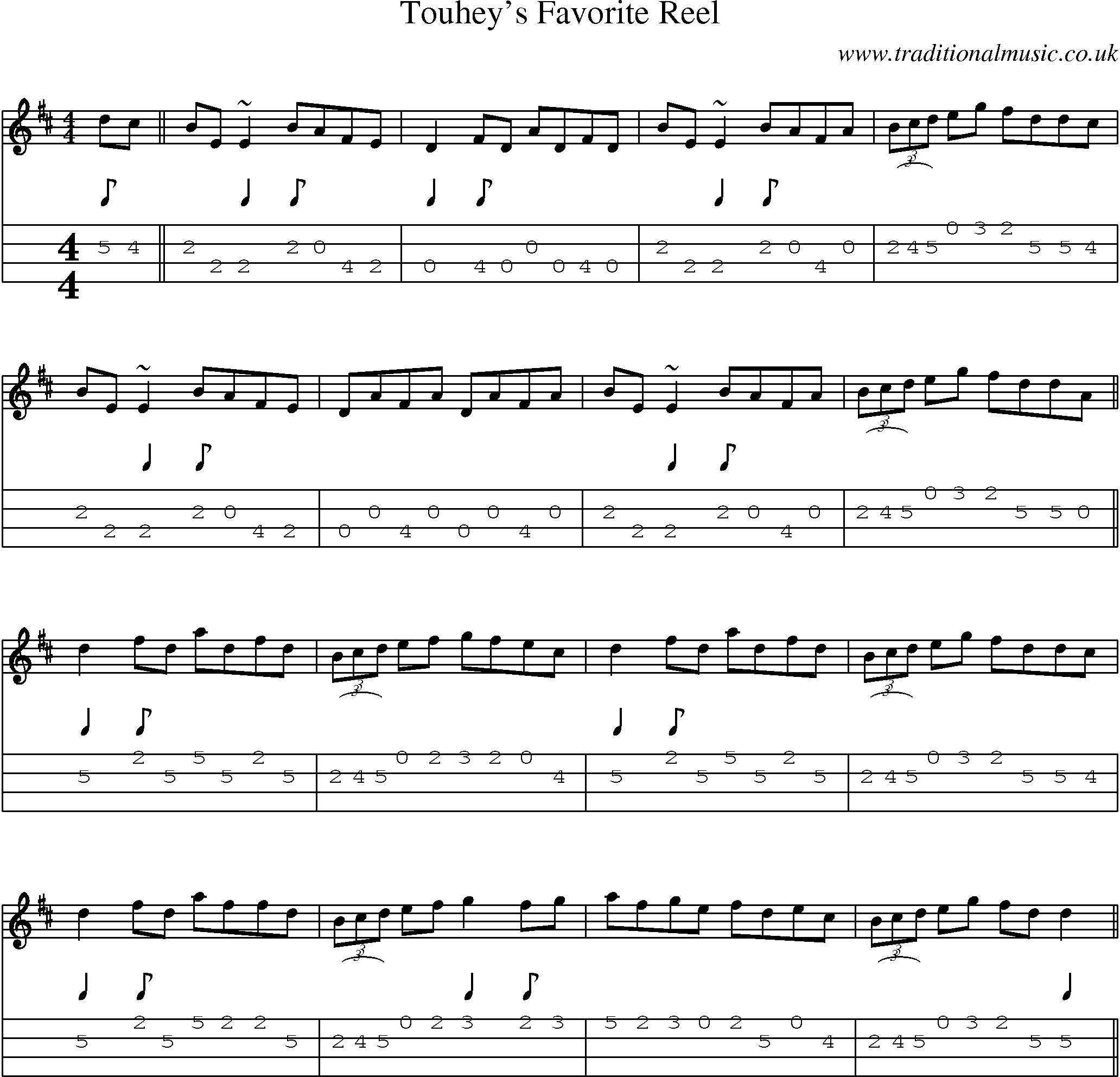 Music Score and Mandolin Tabs for Touheys Favorite Reel