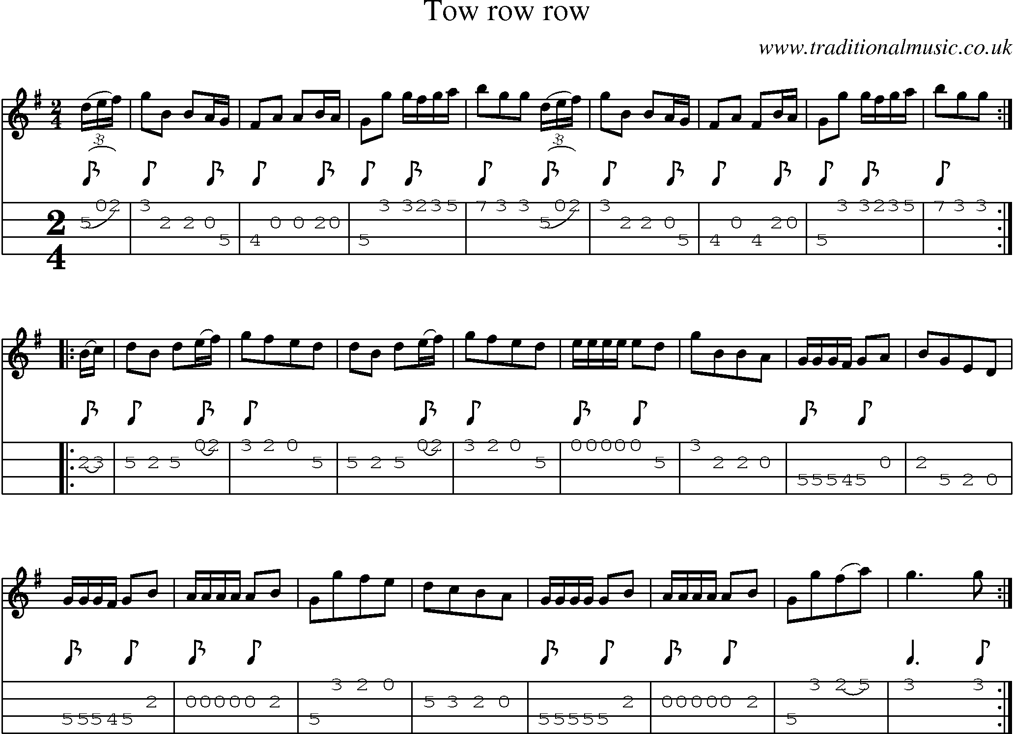 Music Score and Mandolin Tabs for Tow Row Row