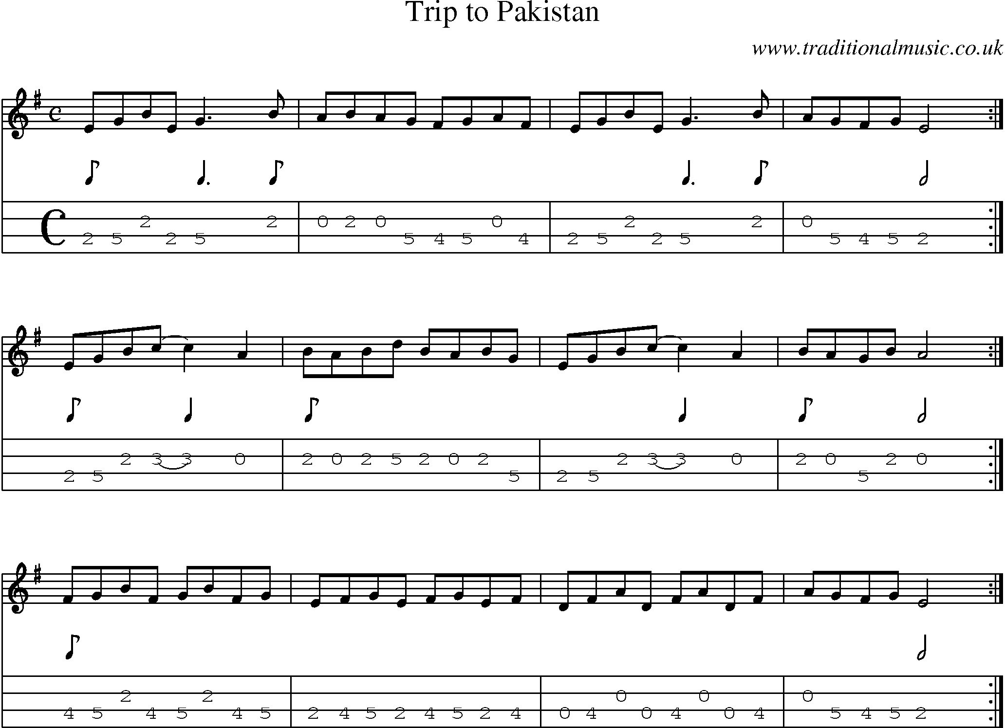 Music Score and Mandolin Tabs for Trip To Pakistan