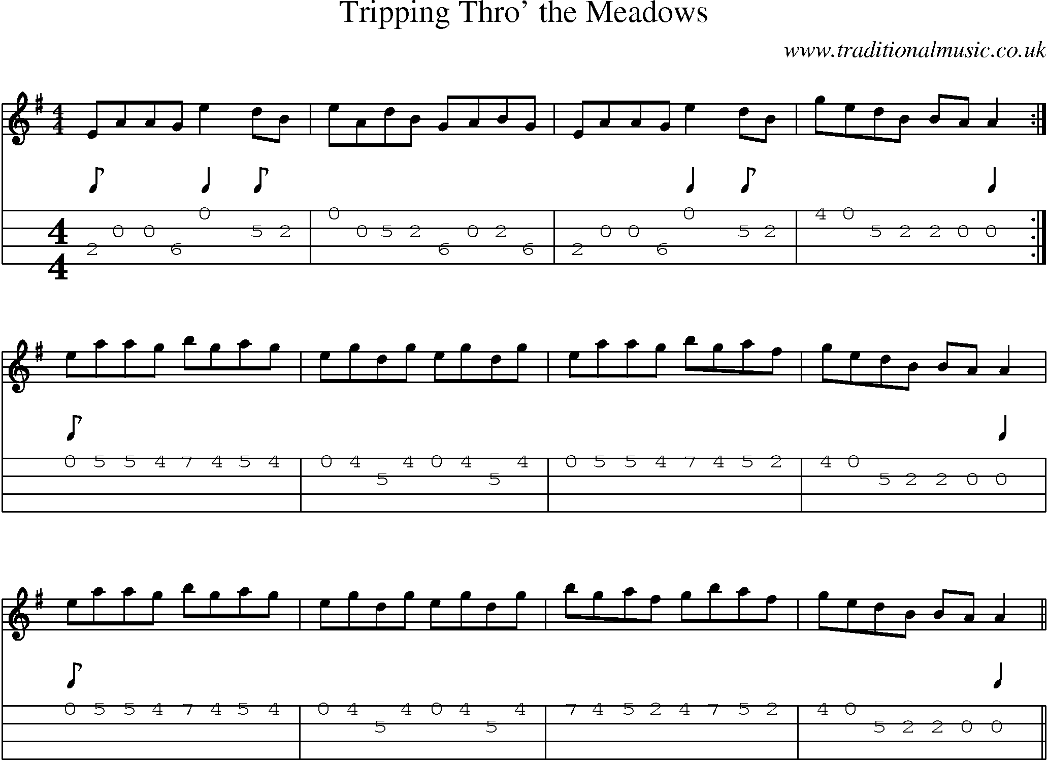 Music Score and Mandolin Tabs for Tripping Thro Meadows
