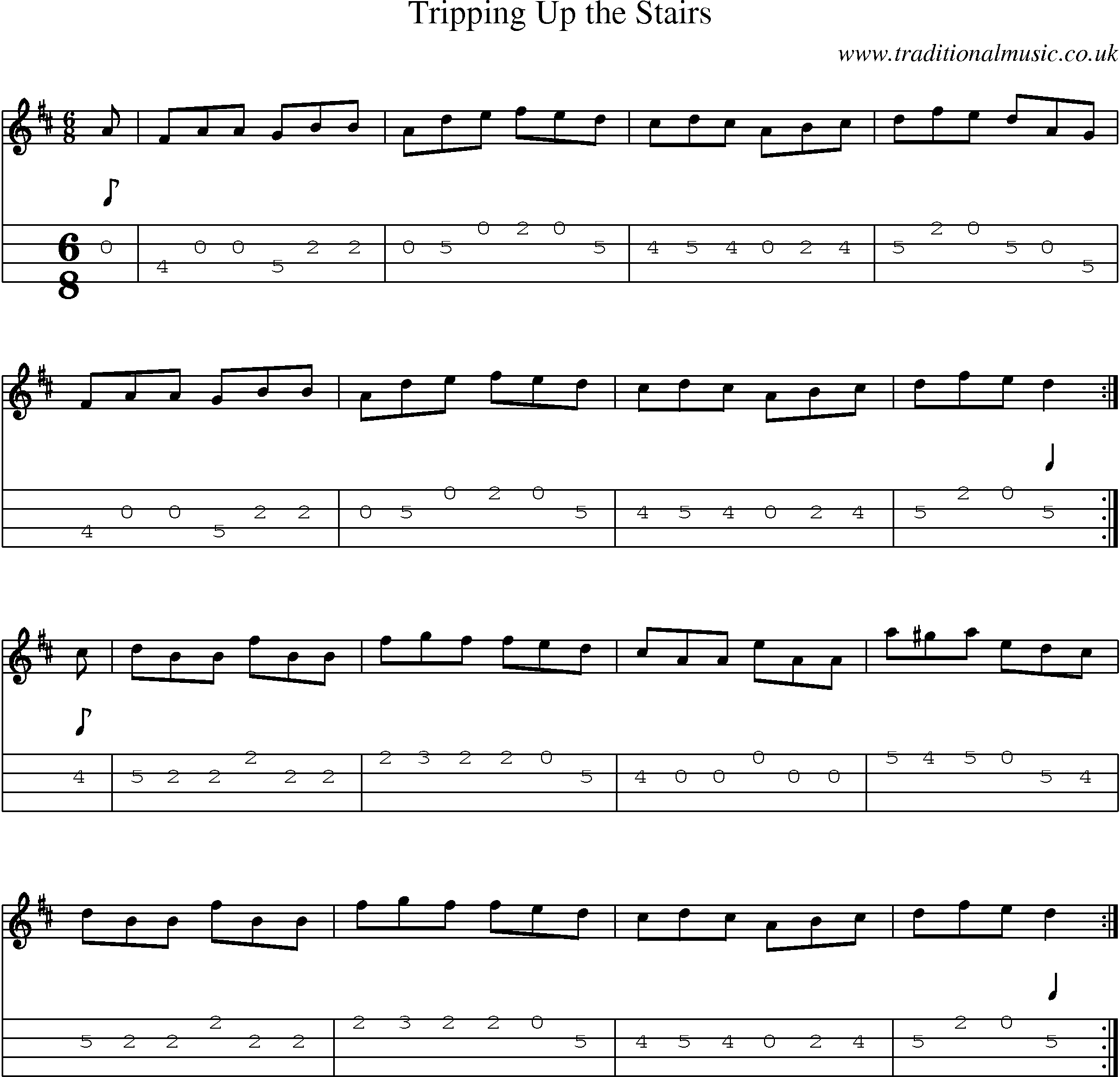 Music Score and Mandolin Tabs for Tripping Up Stairs