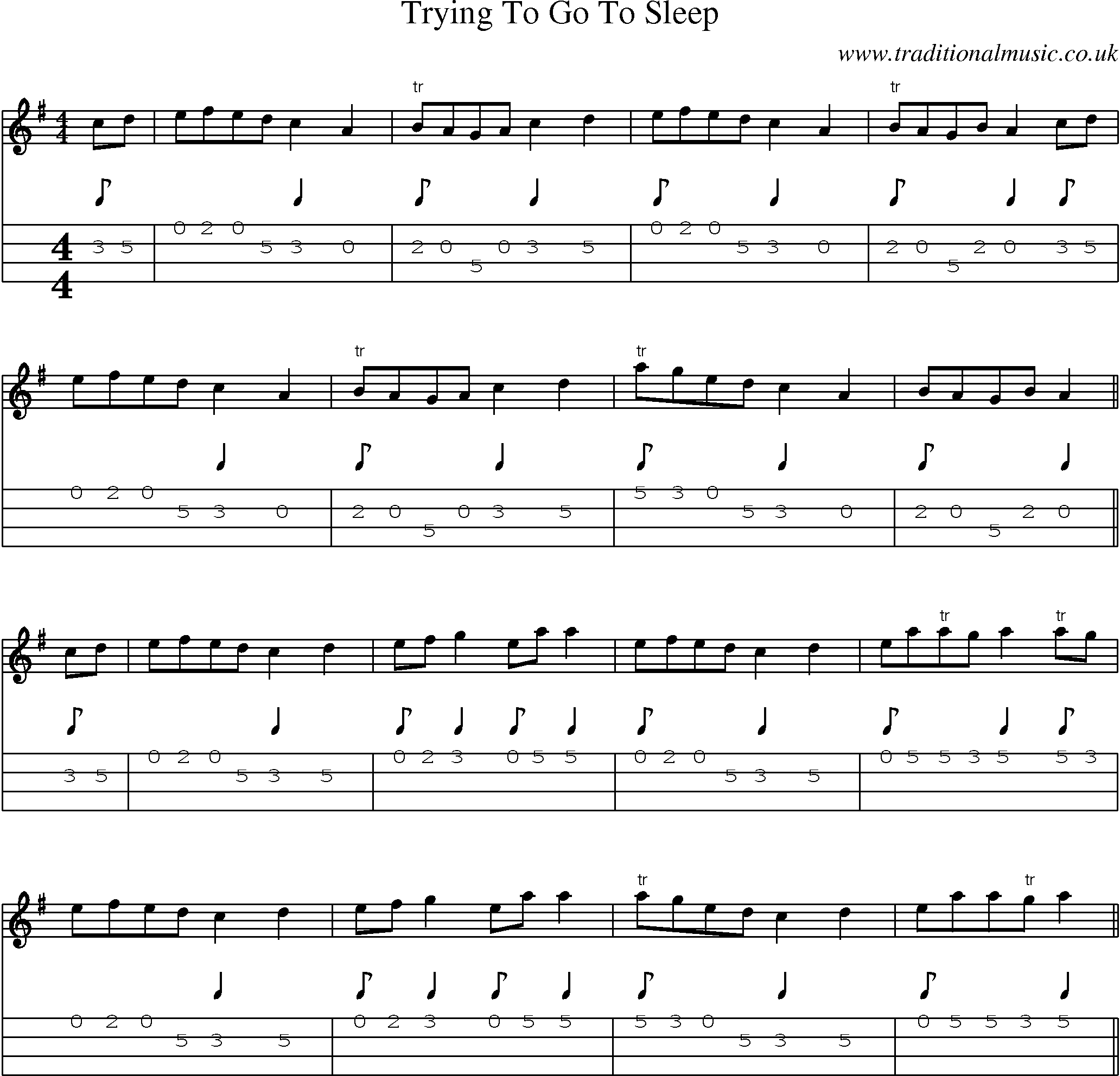 Music Score and Mandolin Tabs for Trying To Go To Sleep