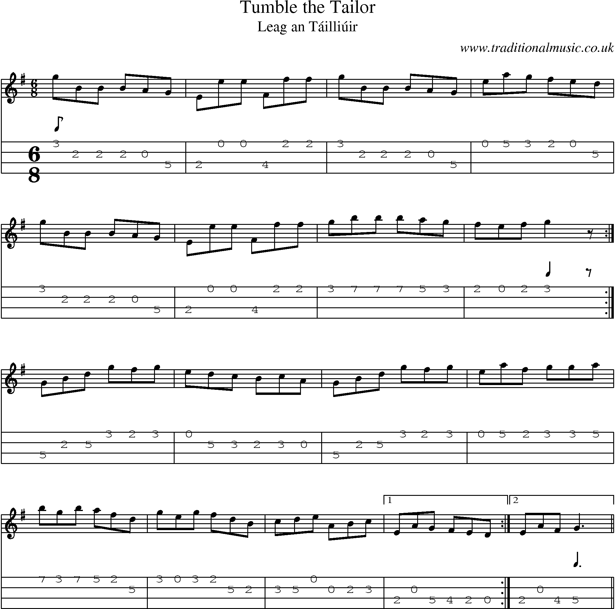 Music Score and Mandolin Tabs for Tumble Tailor