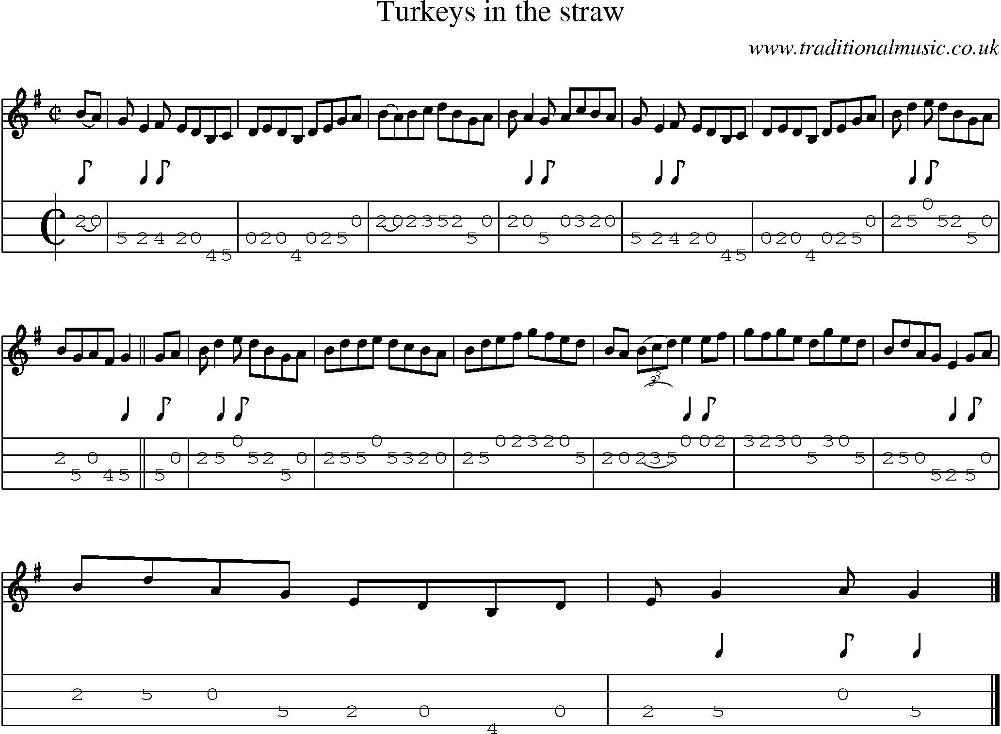Music Score and Mandolin Tabs for Turkeys In The Straw