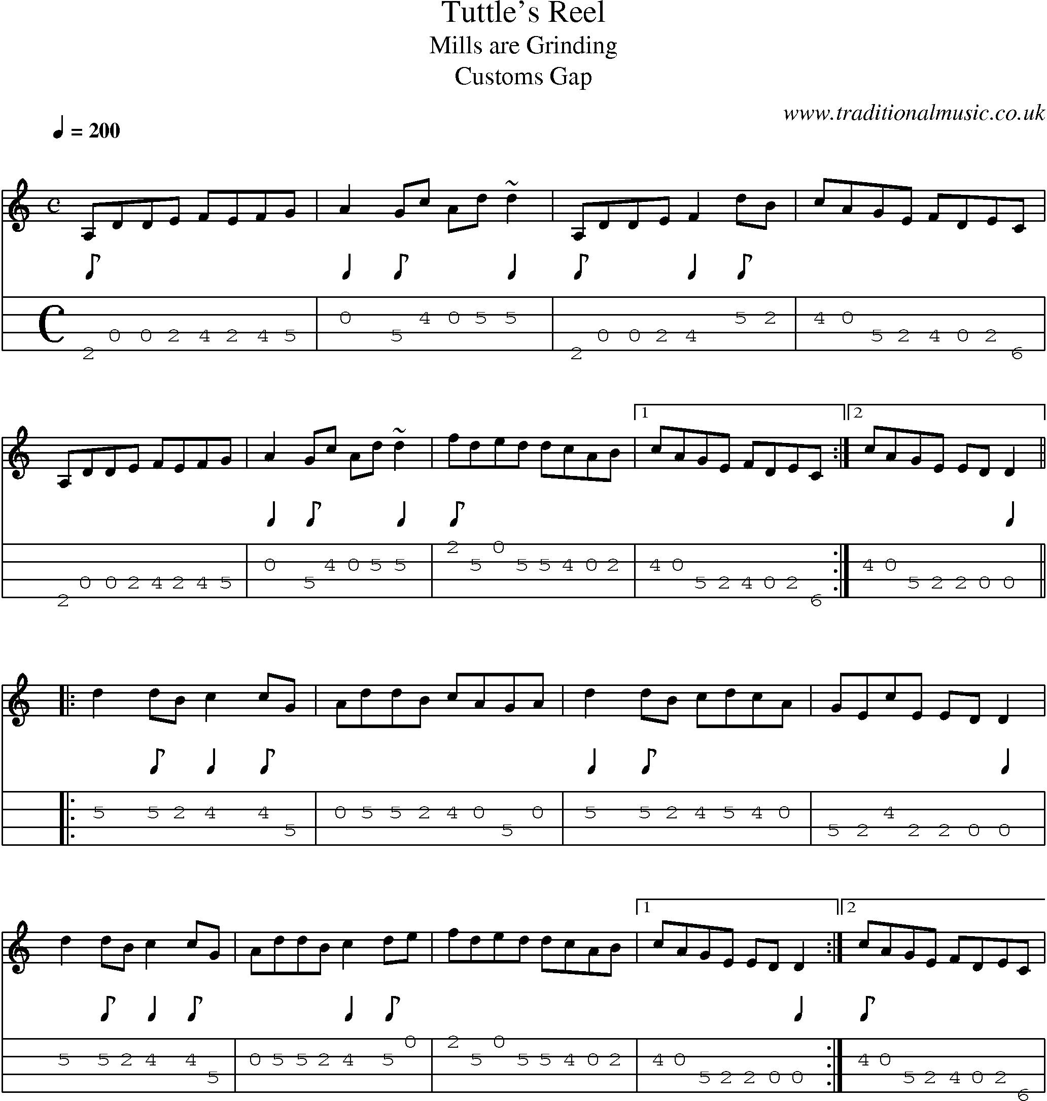 Music Score and Mandolin Tabs for Tuttles Reel