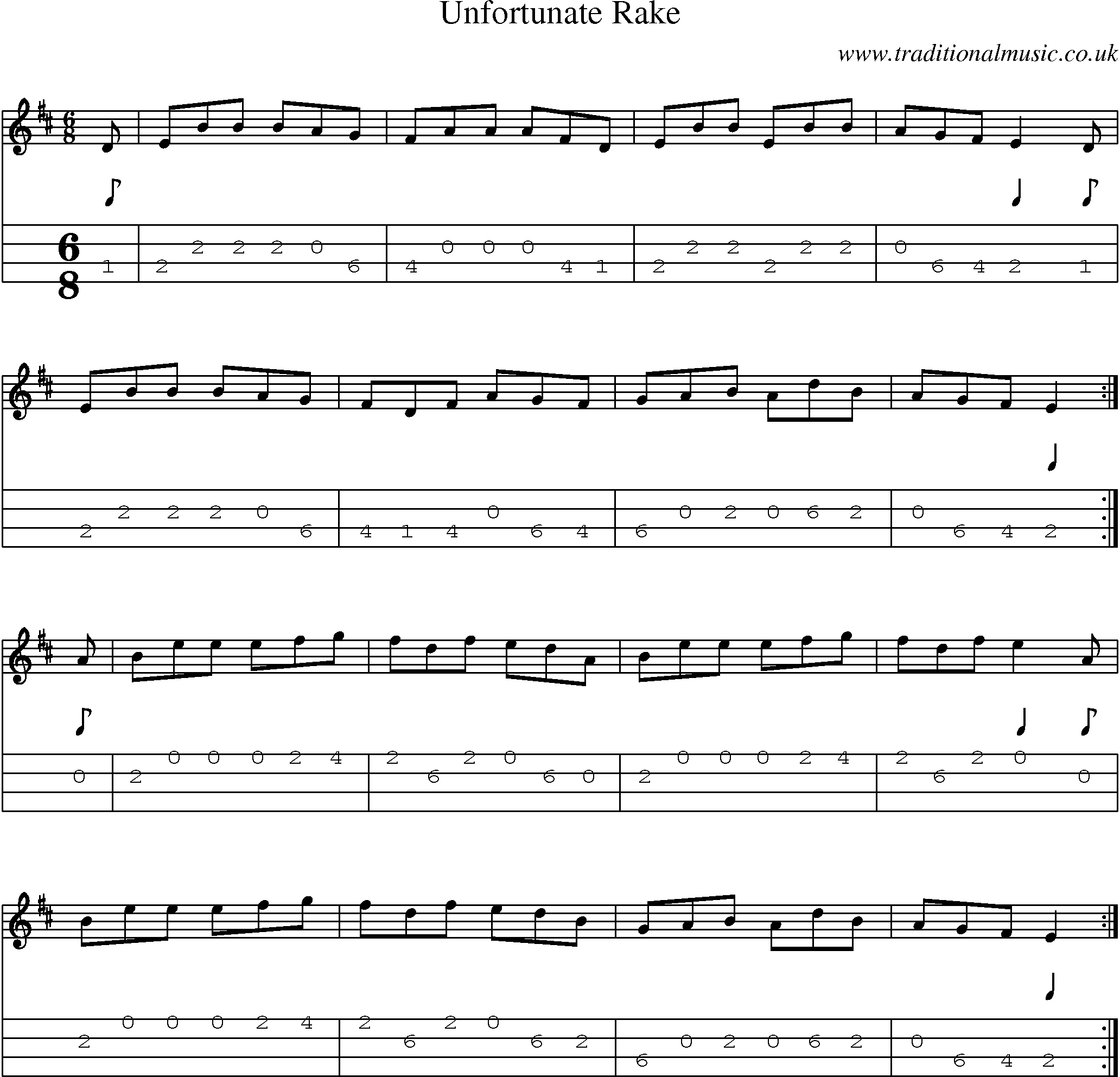 Music Score and Mandolin Tabs for Unfortunate Rake