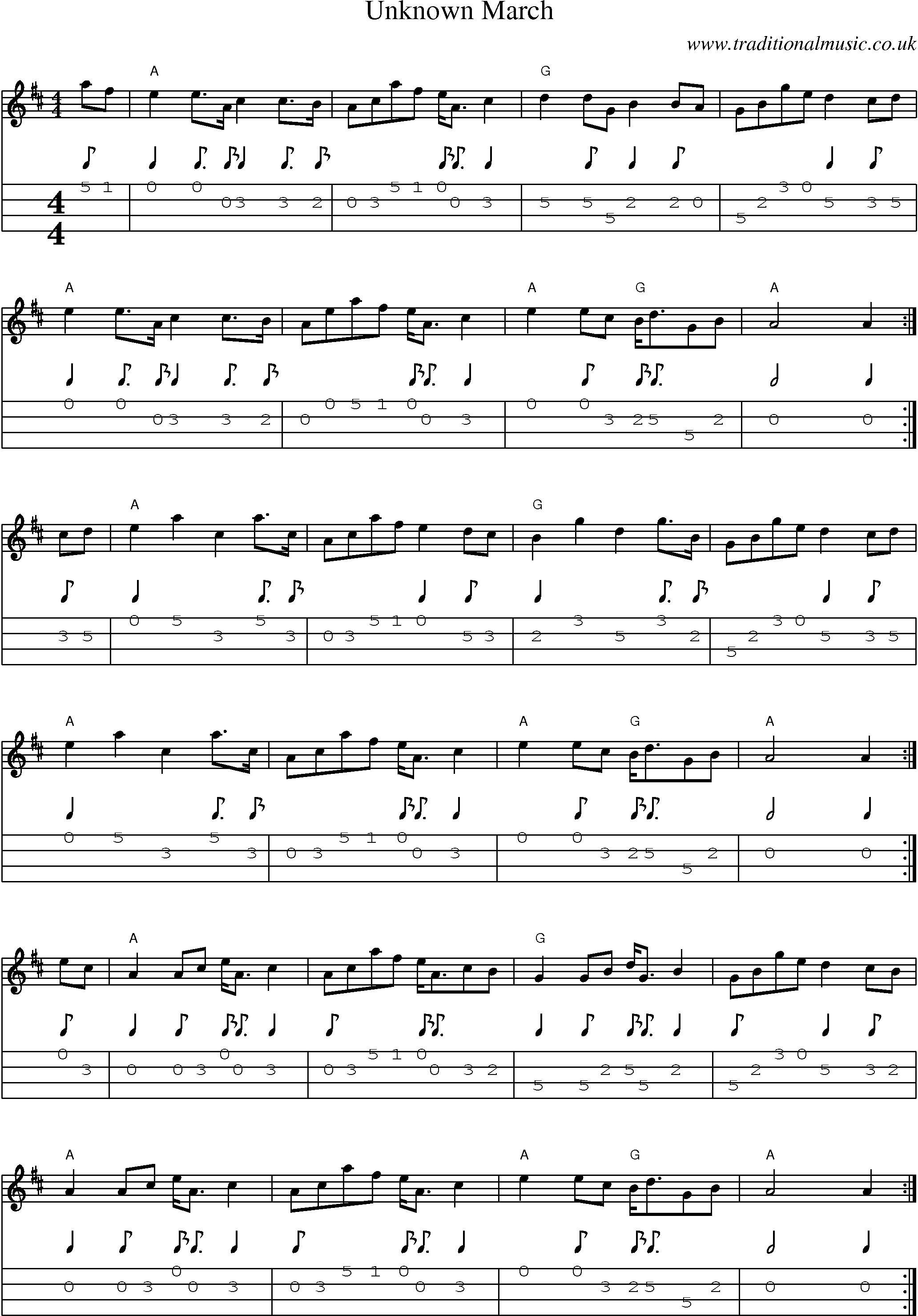 Music Score and Mandolin Tabs for Unknown March