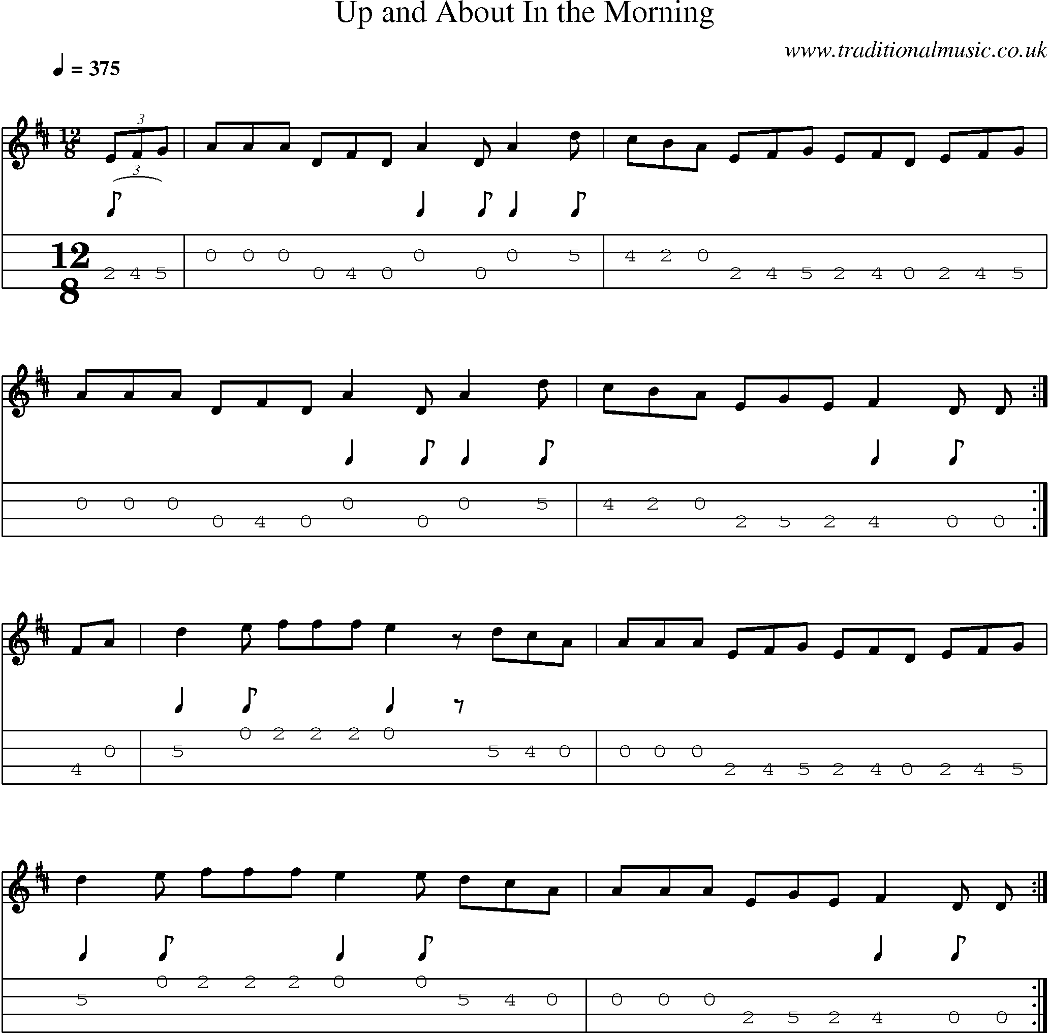 Music Score and Mandolin Tabs for Up And About In Morning