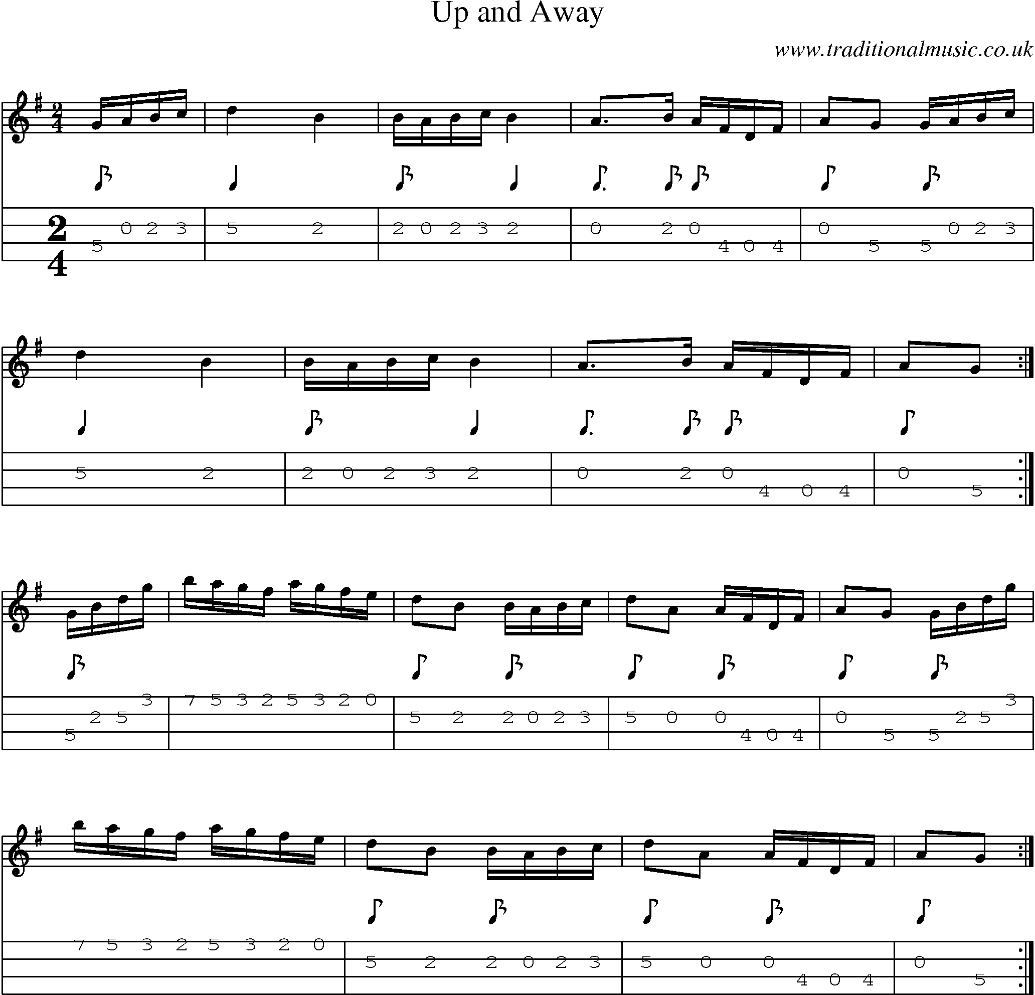 Music Score and Mandolin Tabs for Up And Away
