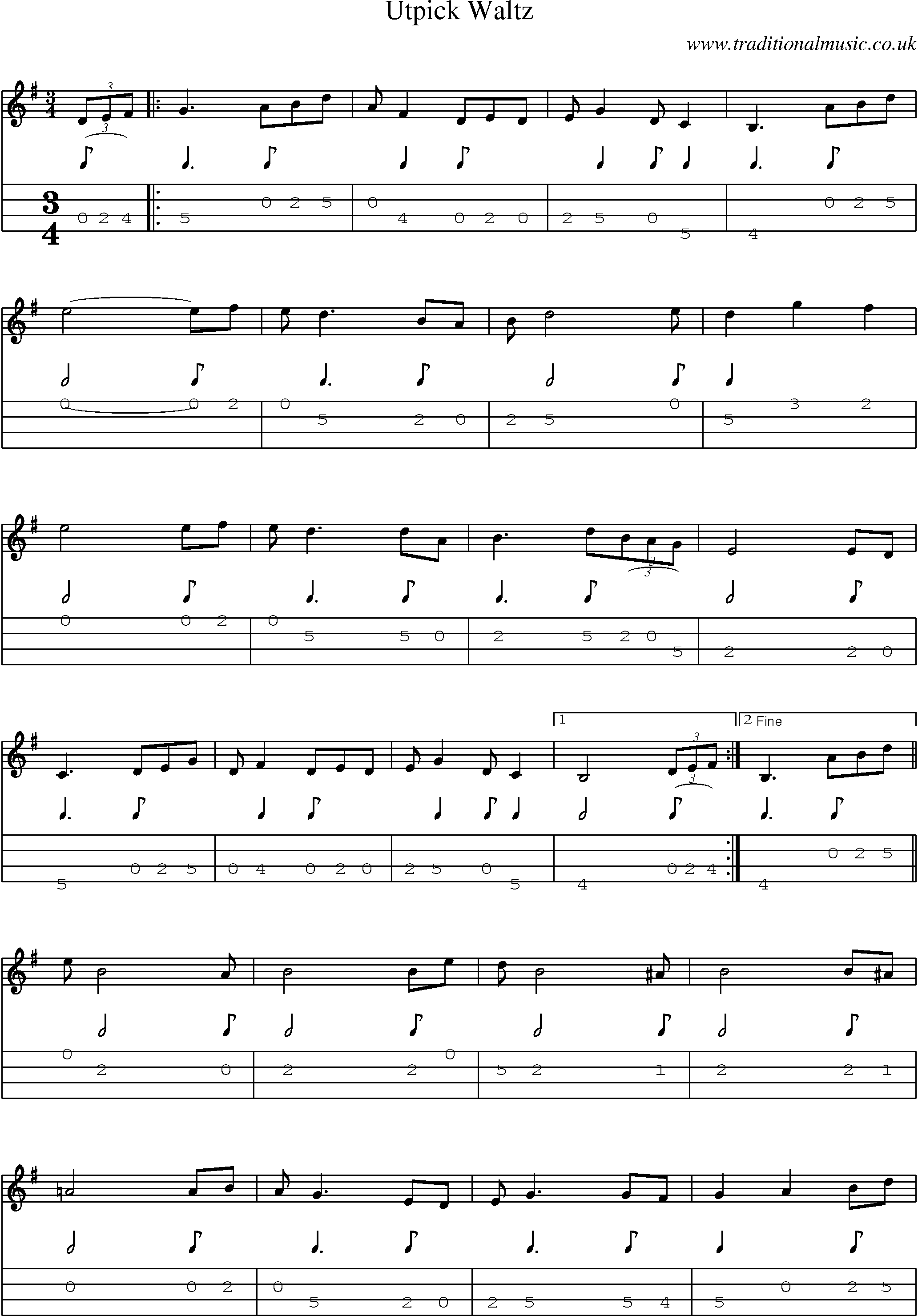 Music Score and Mandolin Tabs for Utpick Waltz