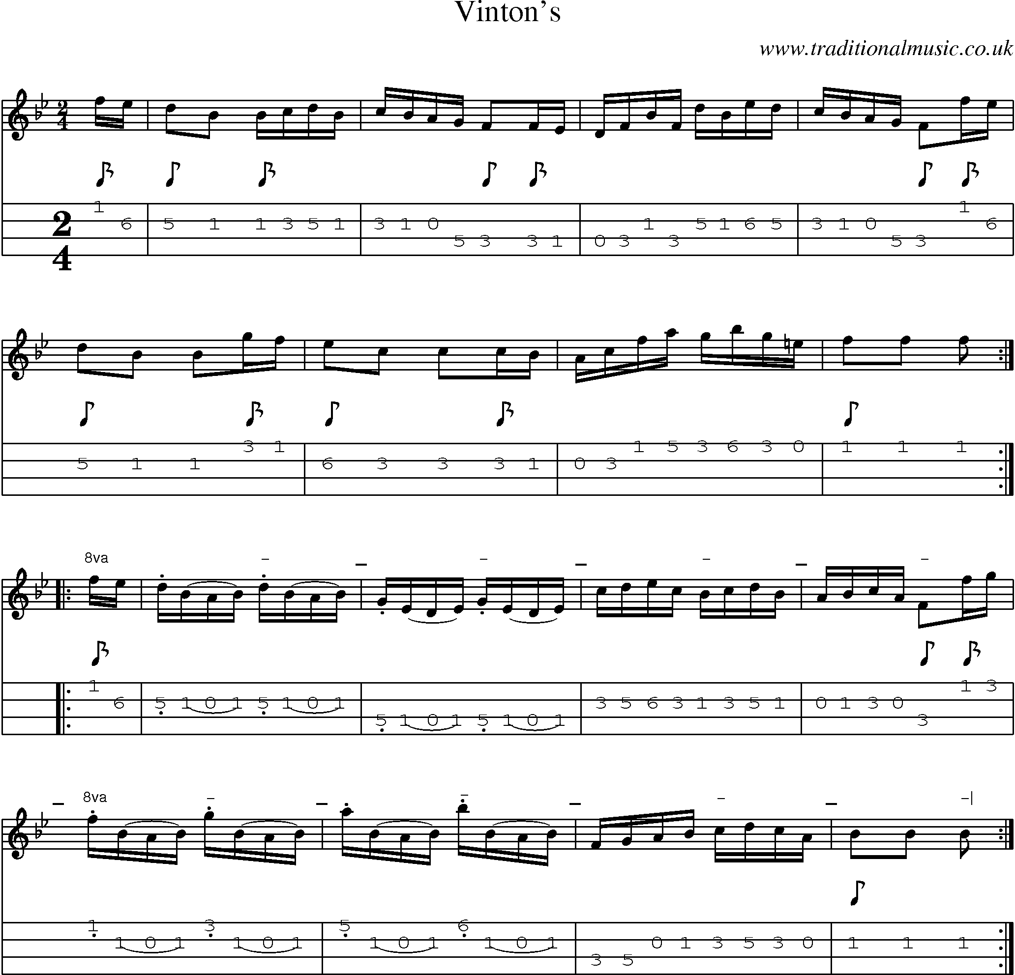 Music Score and Mandolin Tabs for Vintons