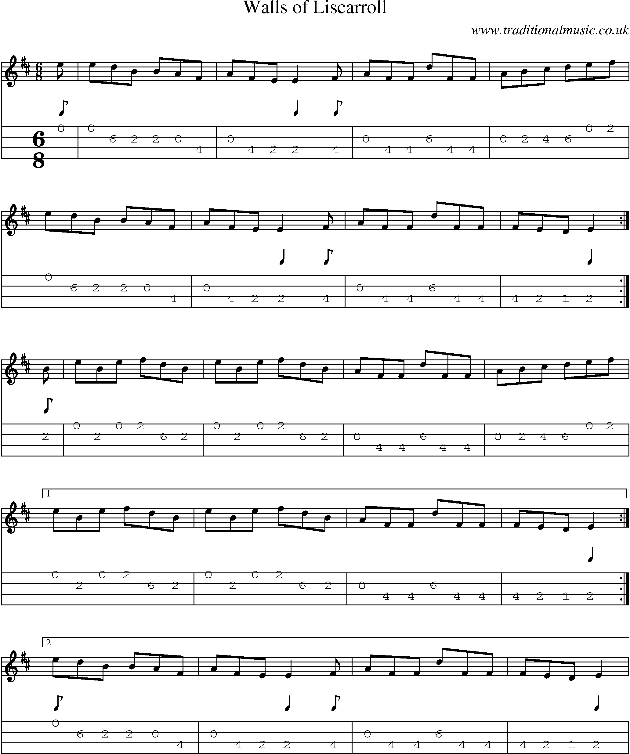 Music Score and Mandolin Tabs for Walls Of Liscarroll