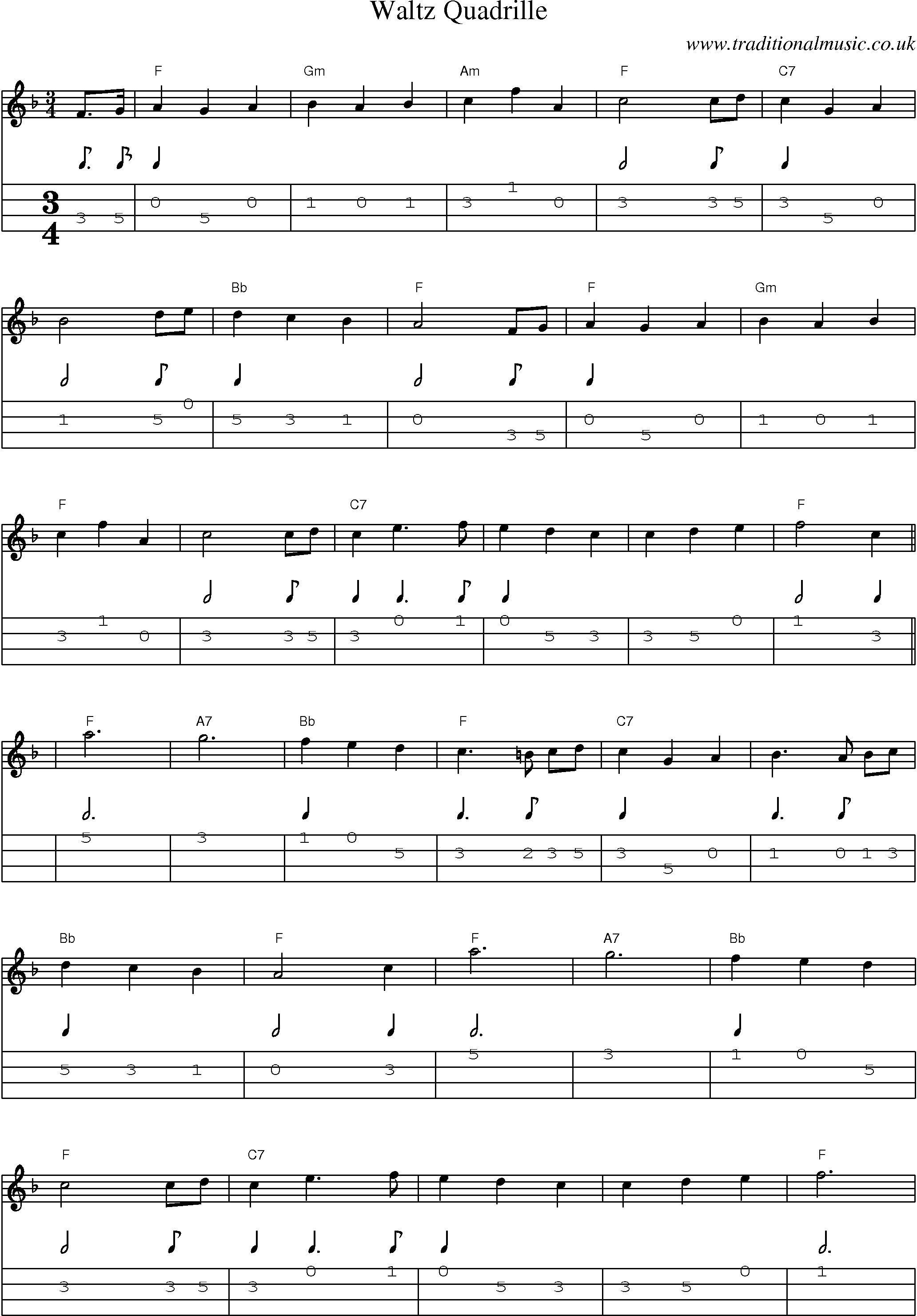 Music Score and Mandolin Tabs for Waltz Quadrille