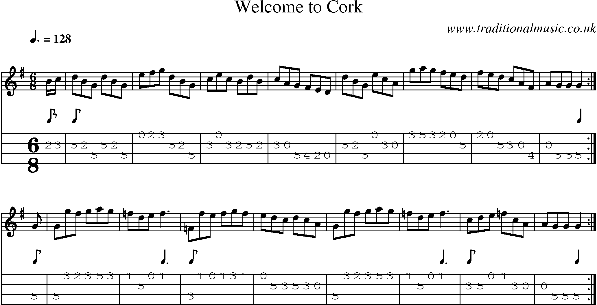 Music Score and Mandolin Tabs for Welcome To Cork