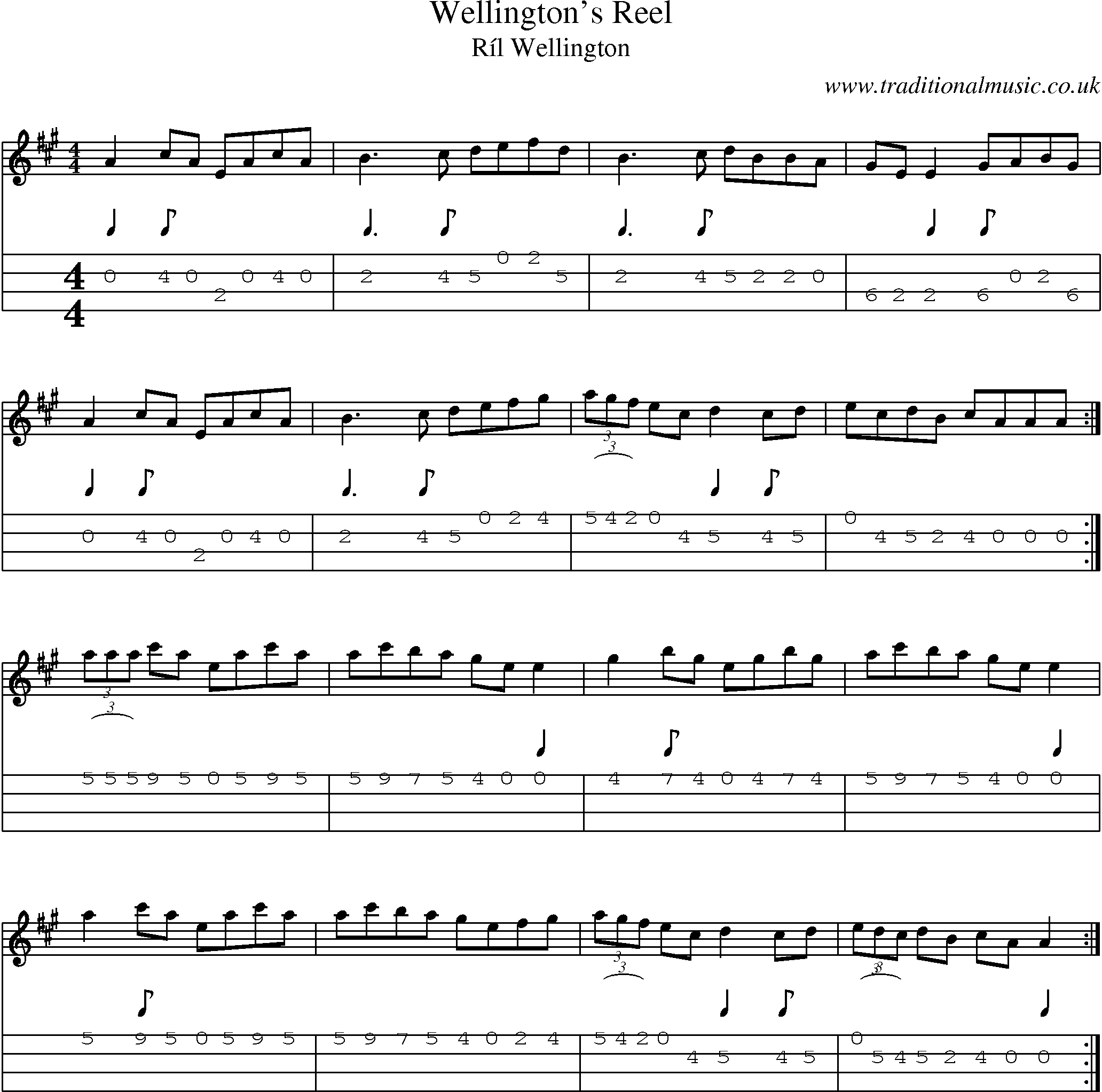 Music Score and Mandolin Tabs for Wellingtons Reel