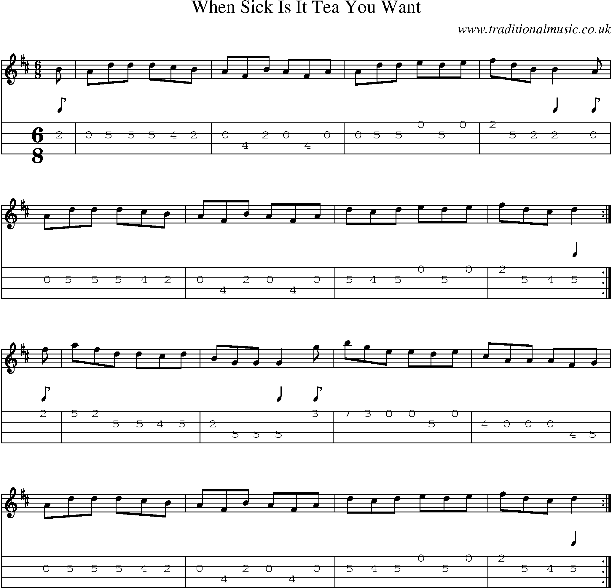 Music Score and Mandolin Tabs for When Sick Is It Tea You Want