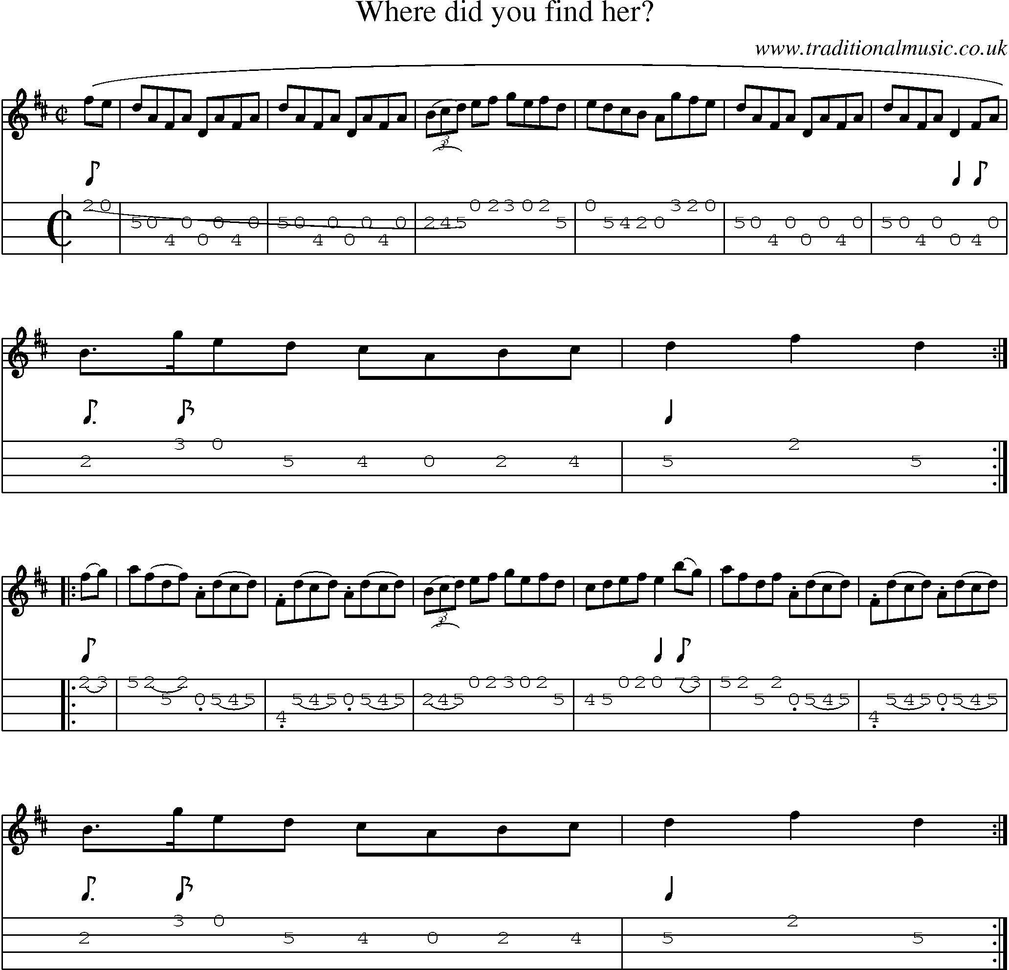 Music Score and Mandolin Tabs for Where Did You Find Her