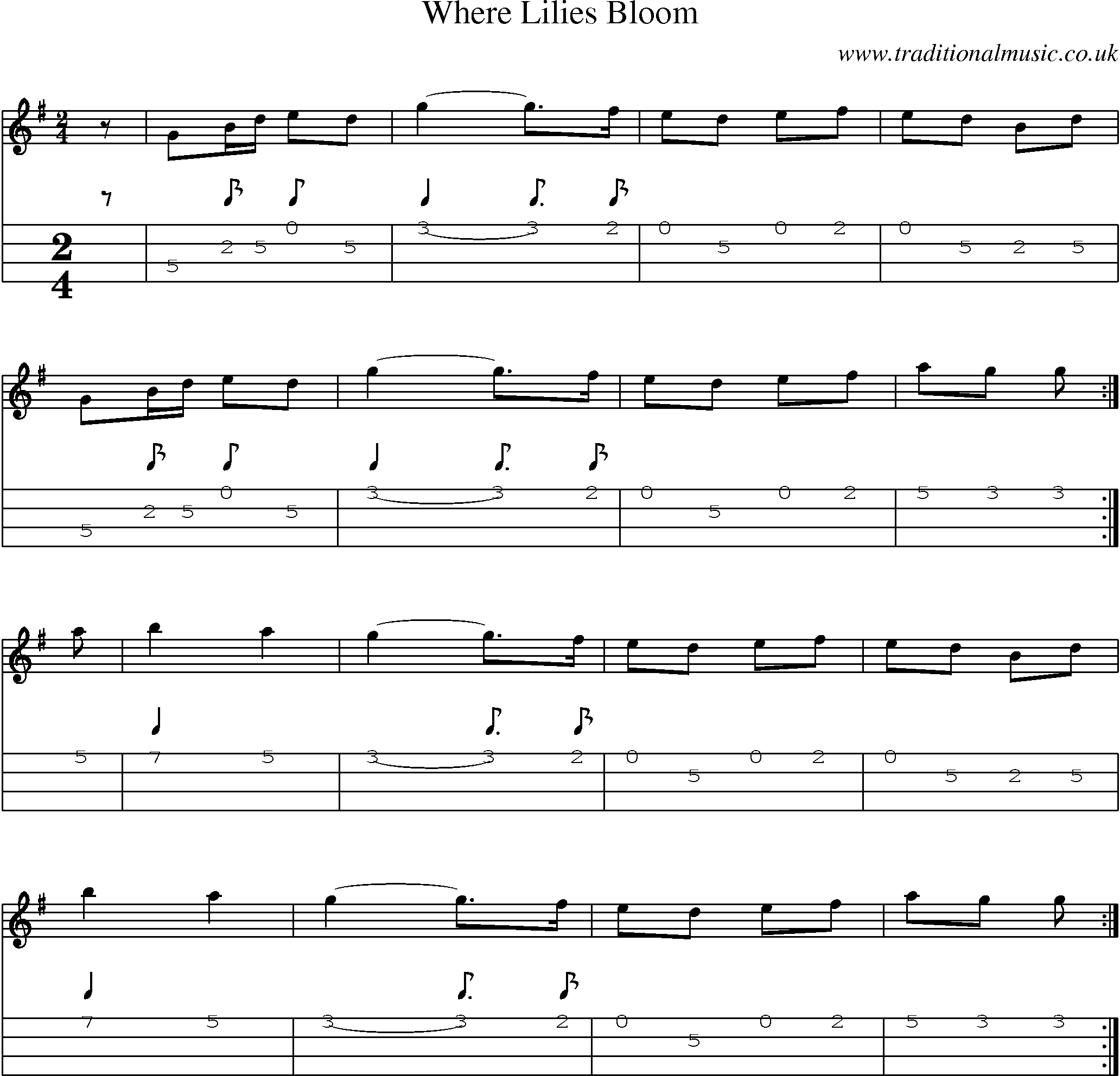 Music Score and Mandolin Tabs for Where Lilies Bloom